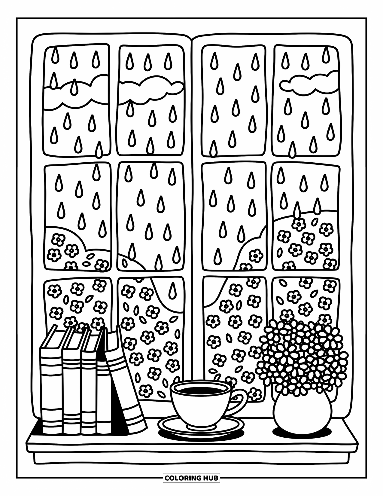 April Showers Coloring Page for Adults: Raindrop-streaked window with books, tea, and vase of flowers