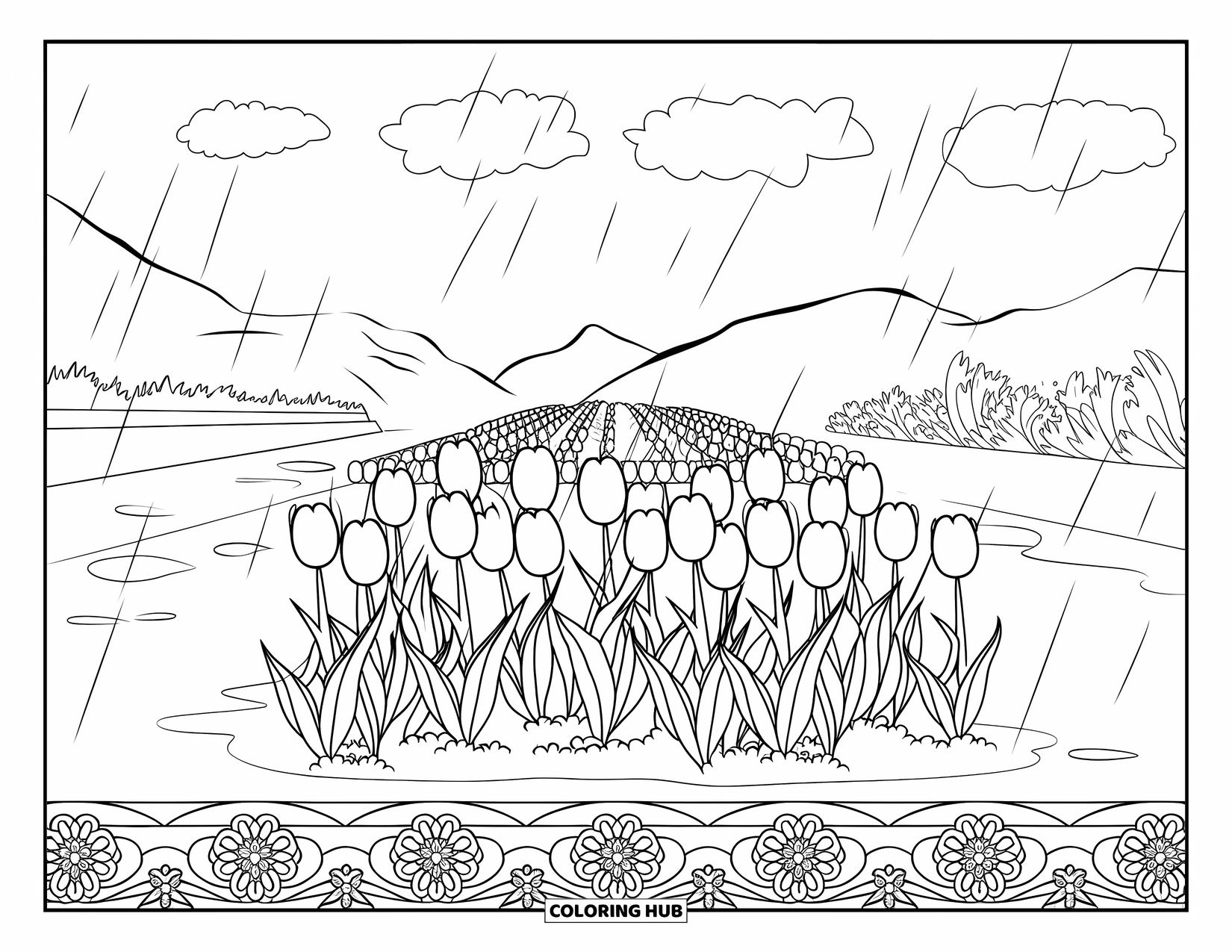April Showers Coloring Page for Adults: Tulip field in a valley with puddles and mandala border