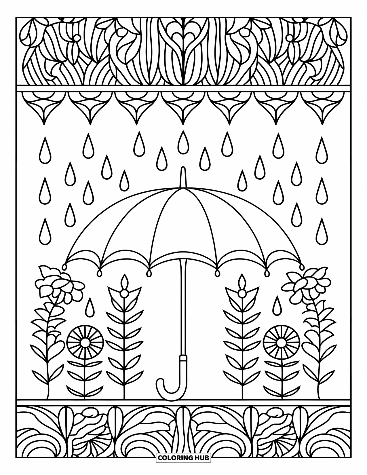 April Showers Coloring Page for Adults: Umbrella with raindrops, florals, and intricate stained glass
