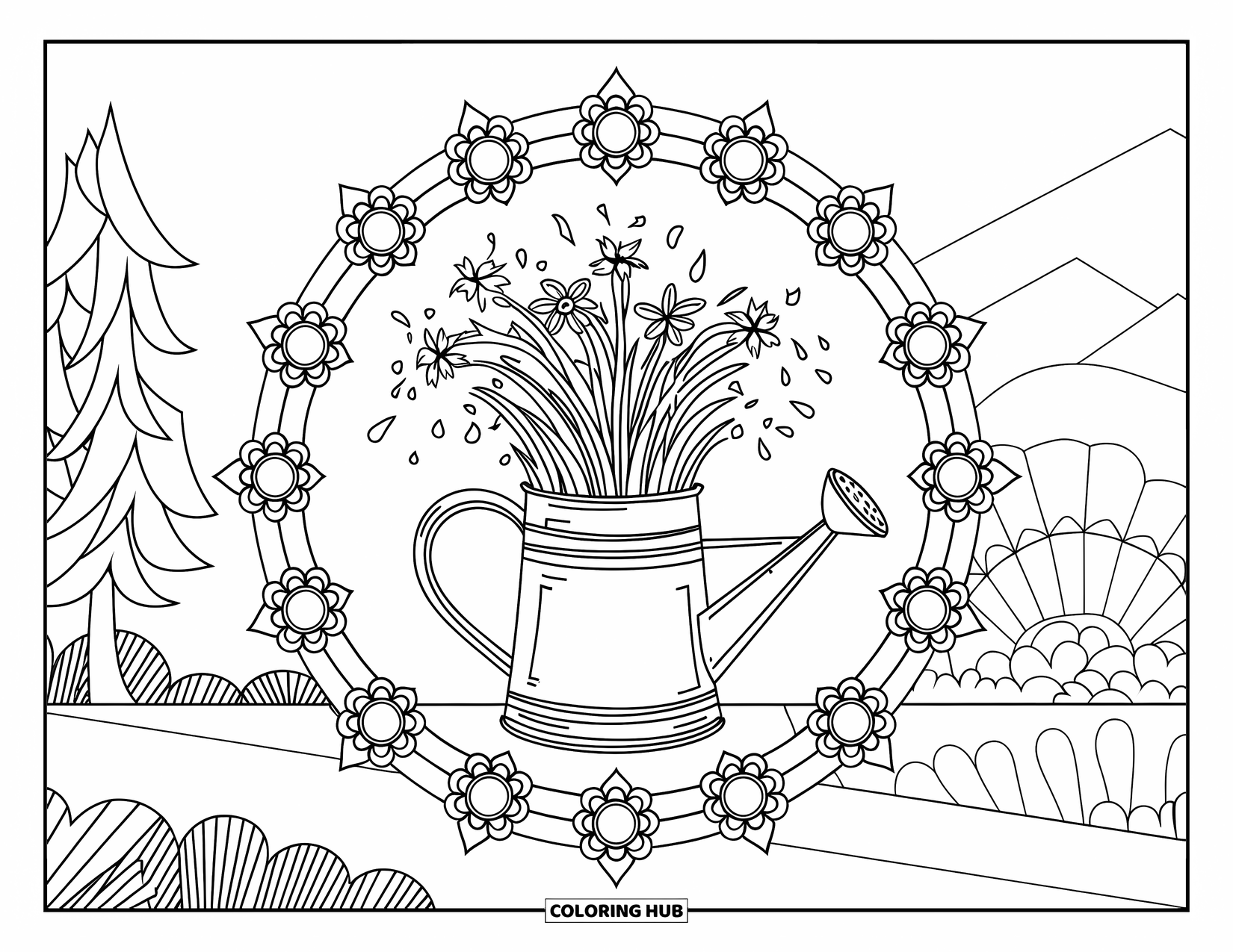 April Showers Coloring Page for Adults: Watering can with April showers surrounded by floral mandalas