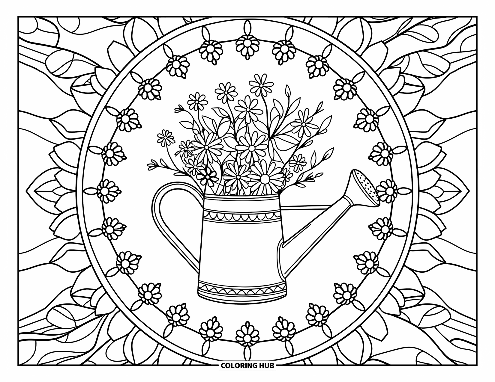 April Showers Coloring Page for Adults: Watering can with mandala flowers and intricate patterns