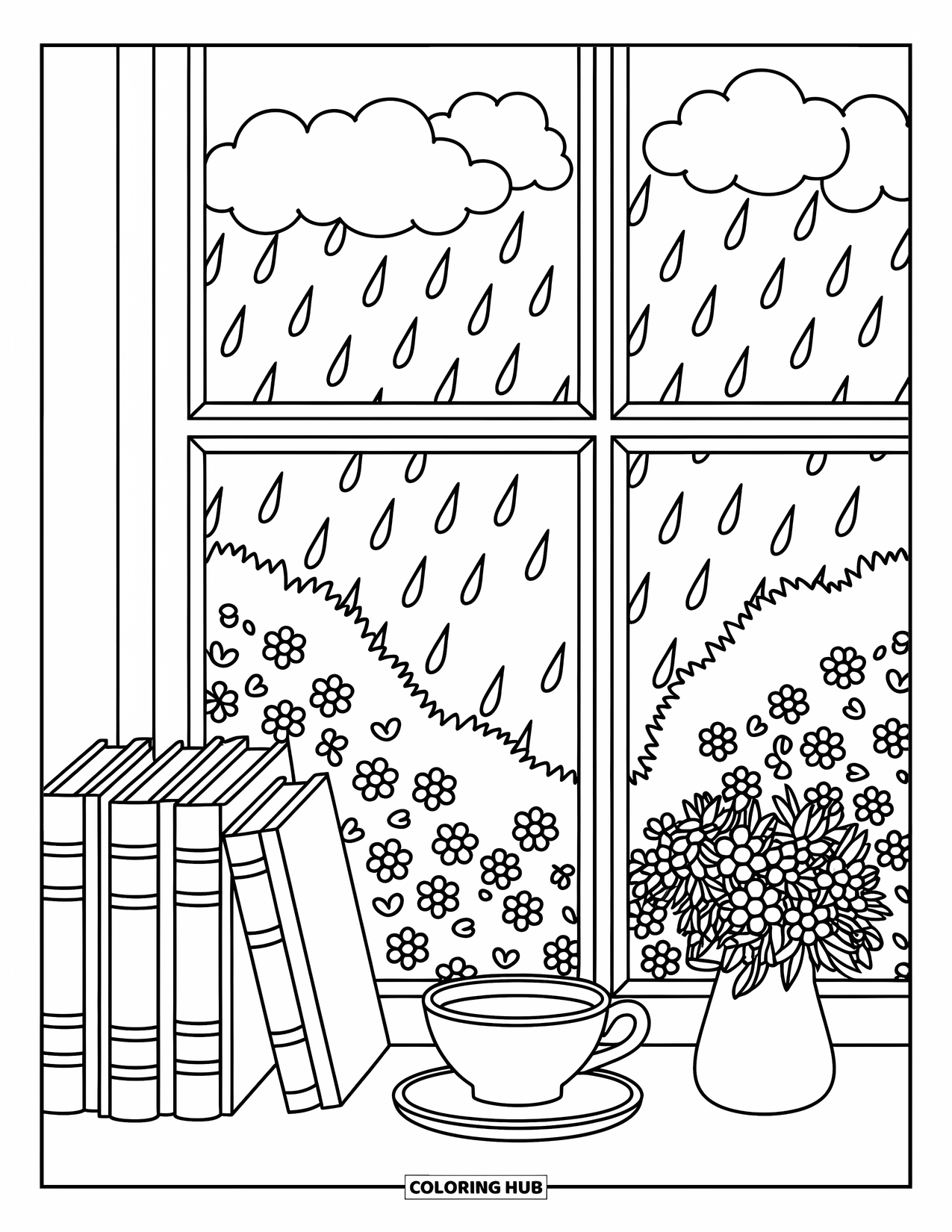 April Showers Coloring Page for Adults: Window with raindrops, books, teacup, and flower vase