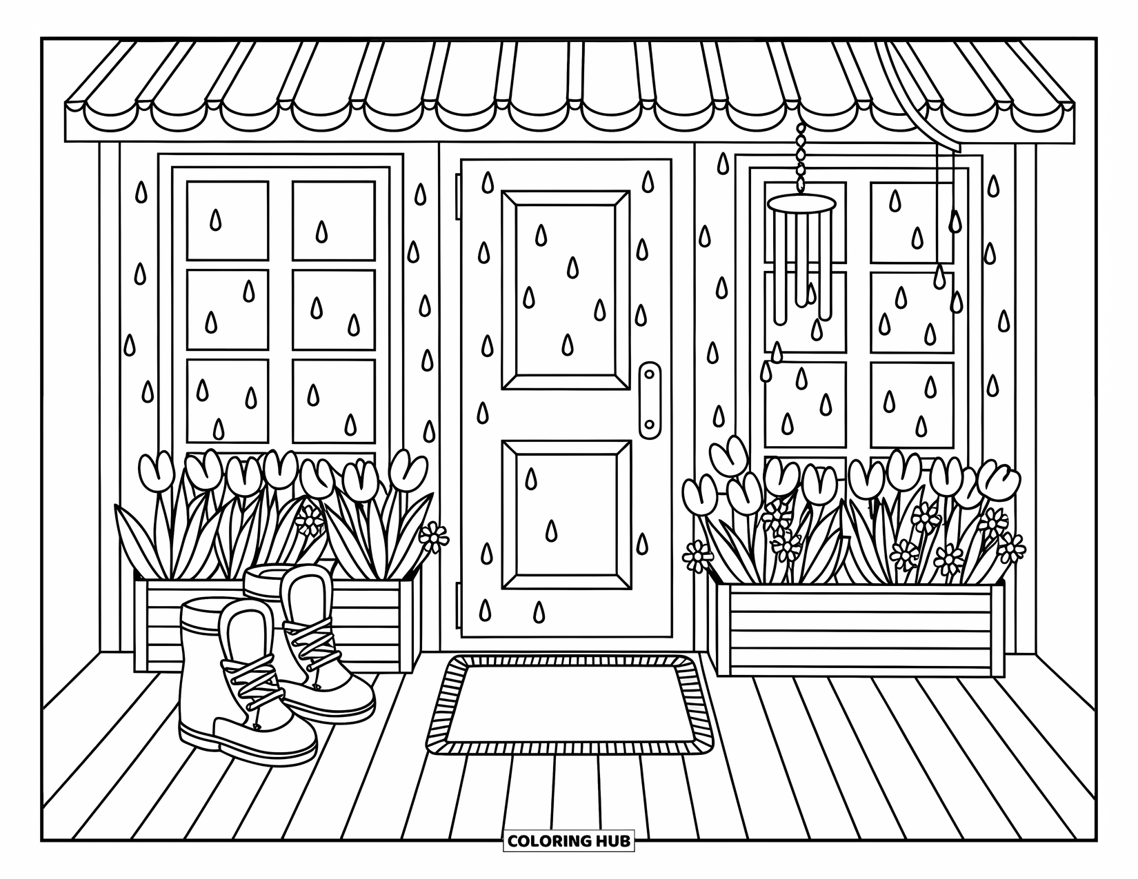 April Showers Coloring Page for Adults: Wooden porch with boots, umbrella, flowers, and raindrops falling