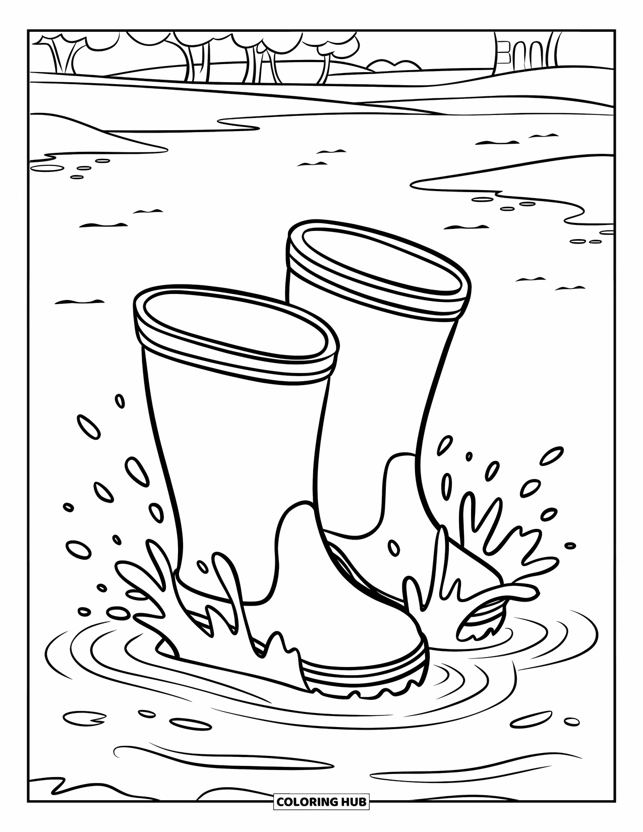 April Showers Coloring Page for Kids: Big round boots splashing in shallow puddles