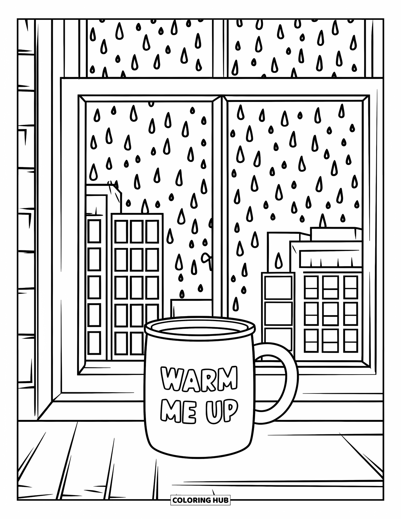 April Showers Coloring Page for Kids: City window with raindrops and a warm mug
