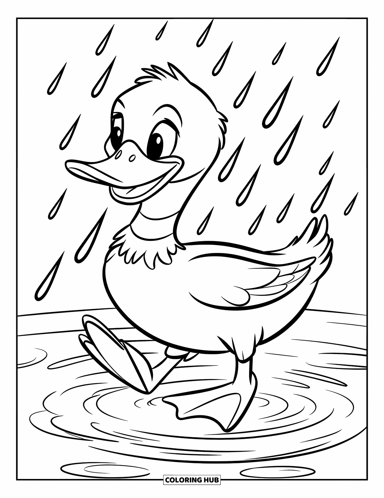 April Showers Coloring Page for Kids: Duck waddling through puddles with raindrops falling