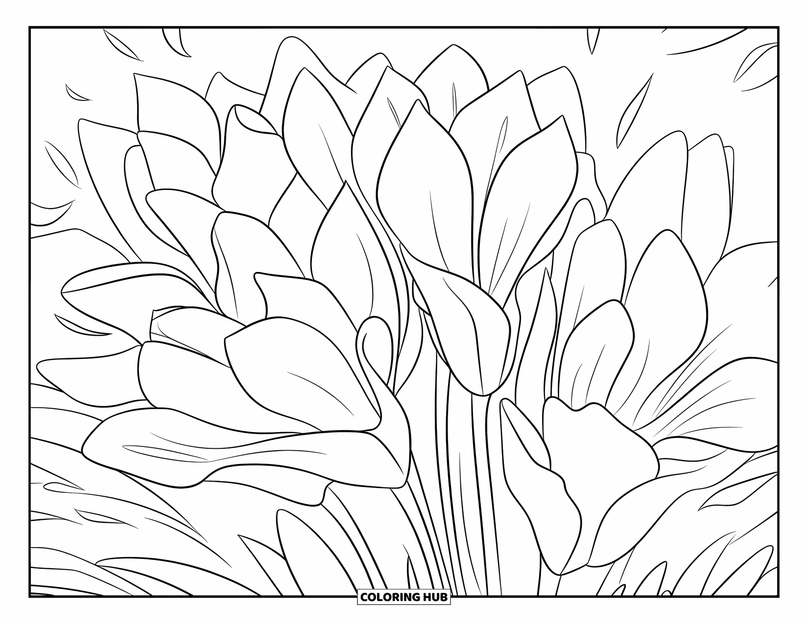 April Showers Coloring Page for Kids: Flower petals with raindrops glistening after April showers