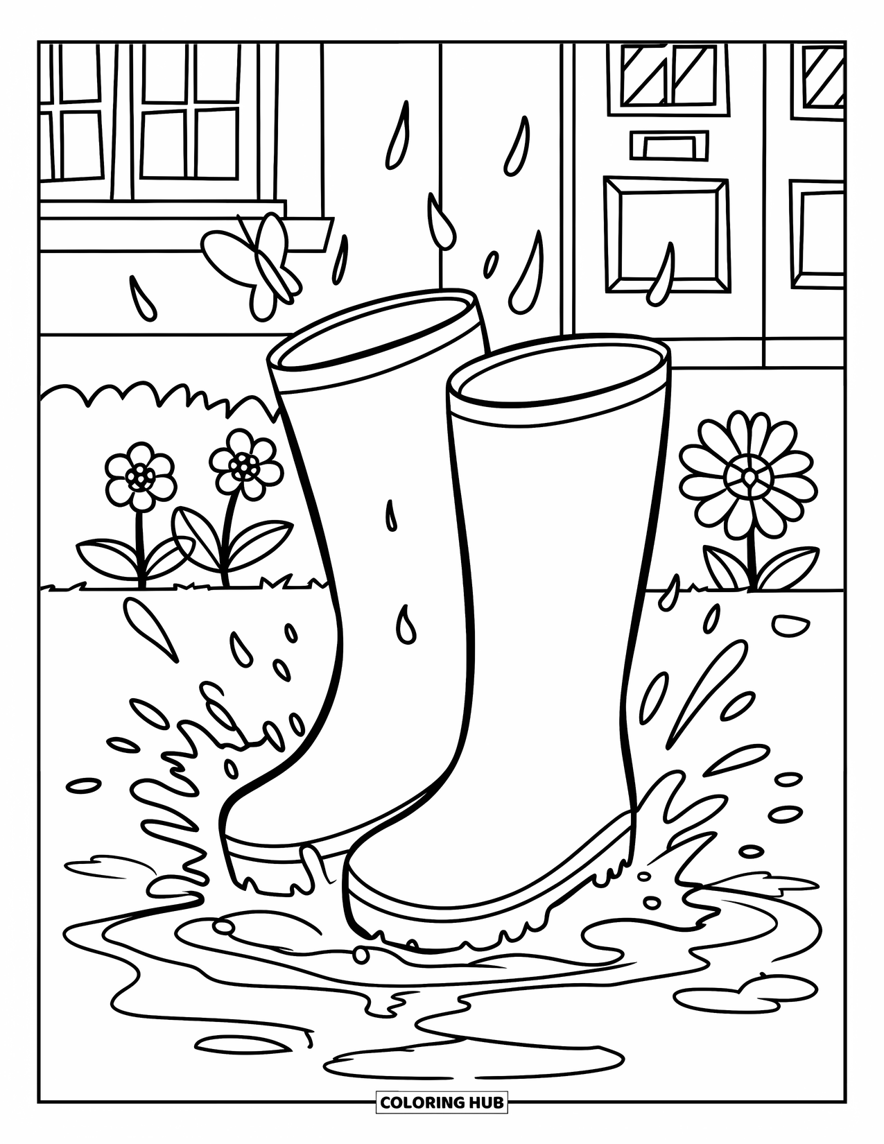 April Showers Coloring Page for Kids: Pair of rain boots splashing in April showers