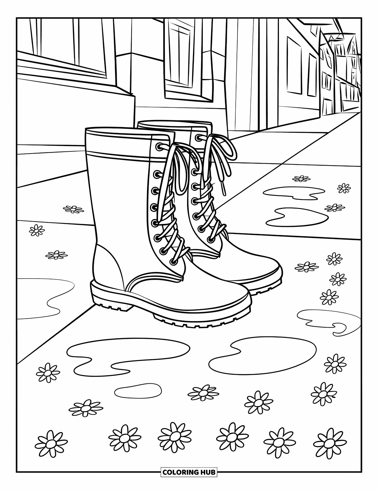 April Showers Coloring Page for Kids: Rain boots near sidewalk puddles with flowers around