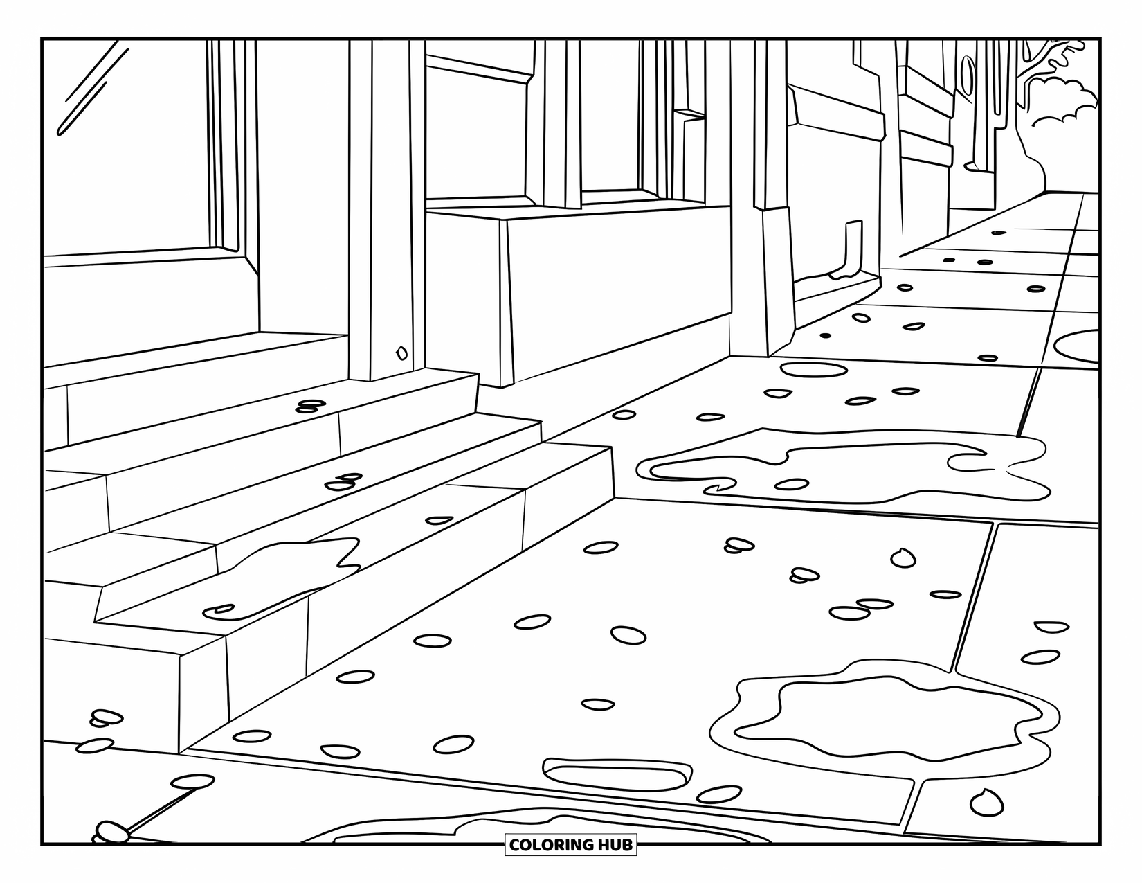 April Showers Coloring Page for Kids: Sidewalk with petals, puddles, and nearby buildings
