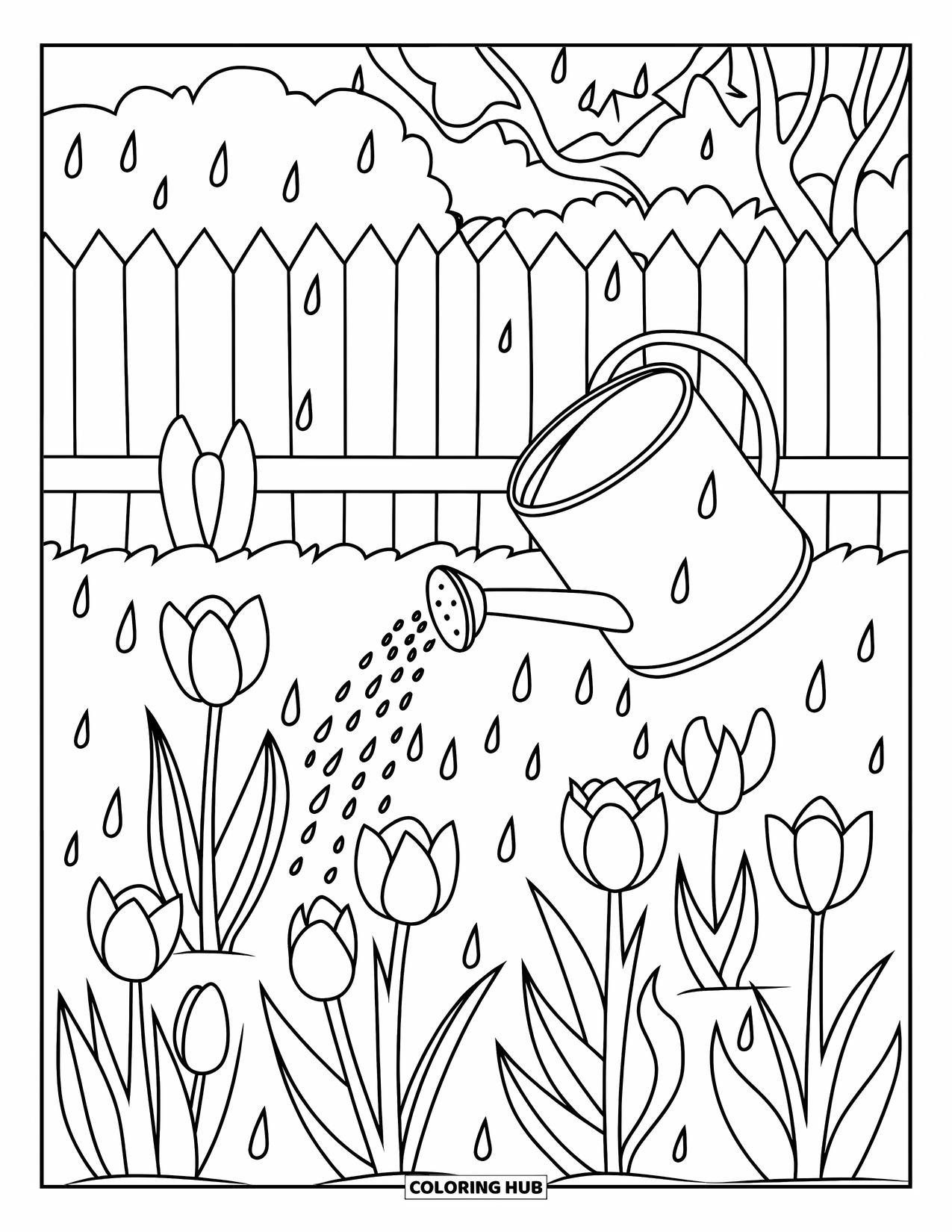 April Showers Coloring Page for Kids: Tulip garden watered by gentle April showers