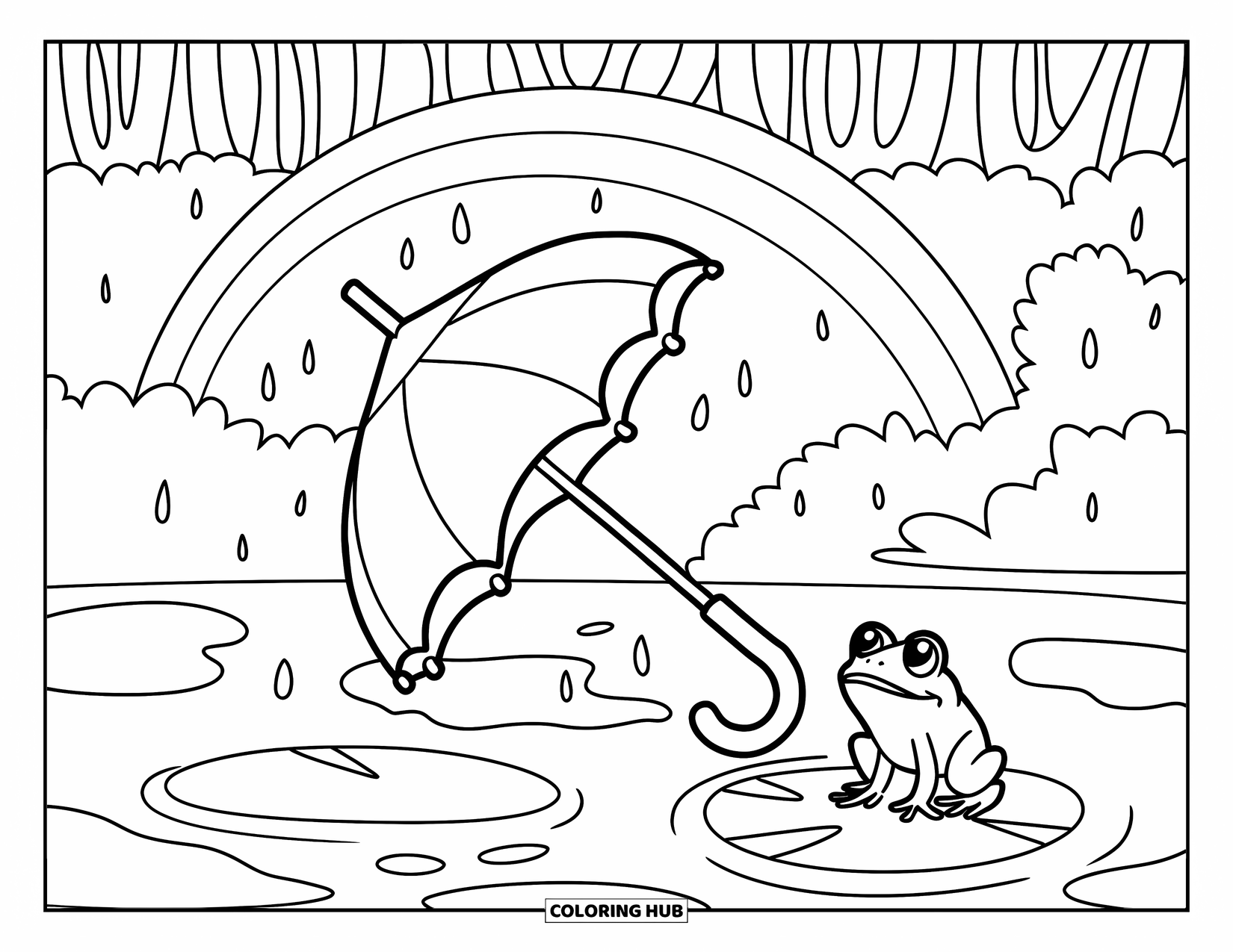 April Showers Coloring Page for Kids: Upside-down umbrella with frog in a puddle