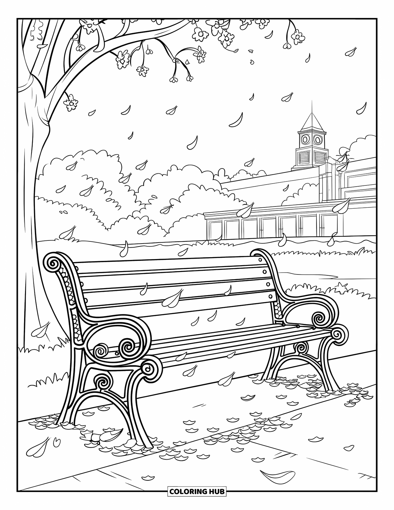 April Showers Coloring Page for Kids: Wooden bench under tree with fallen petals in rain