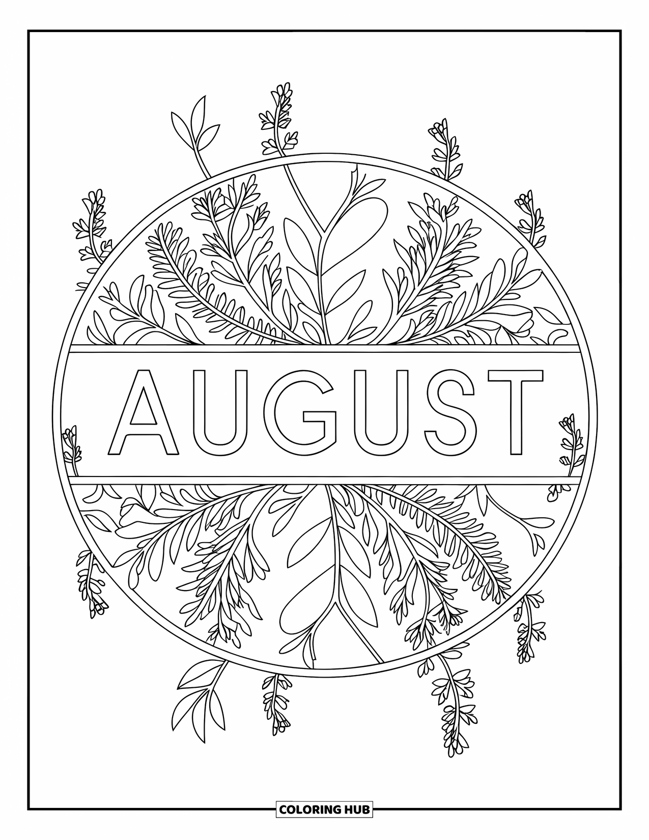 August Coloring Page for Adults: "August" appears in the center of a leafy, swirly mandala