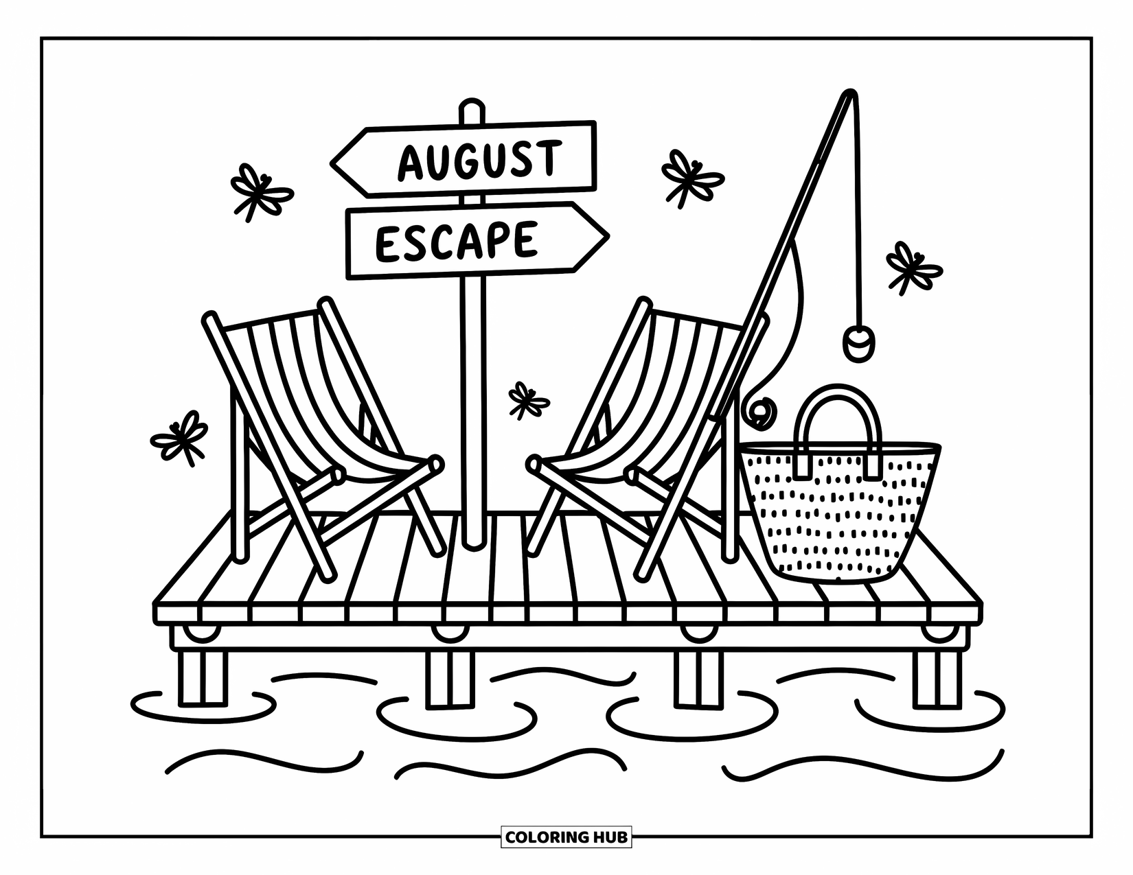 August Coloring Page for Adults: "August Escape" sign hangs near chairs and dragonflies on the lake