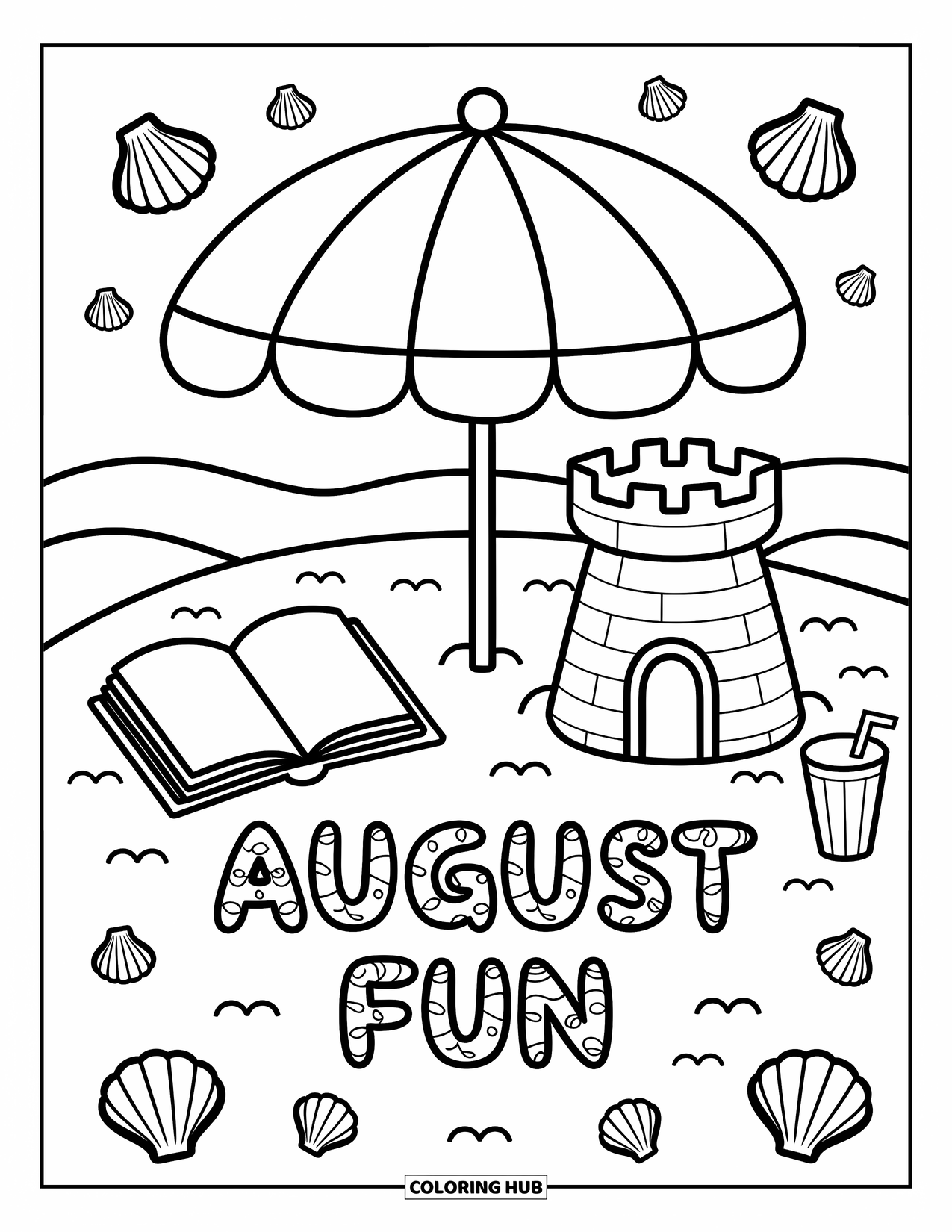 August Coloring Page for Adults: "August Fun" in shell letters near a sandcastle and cool drink