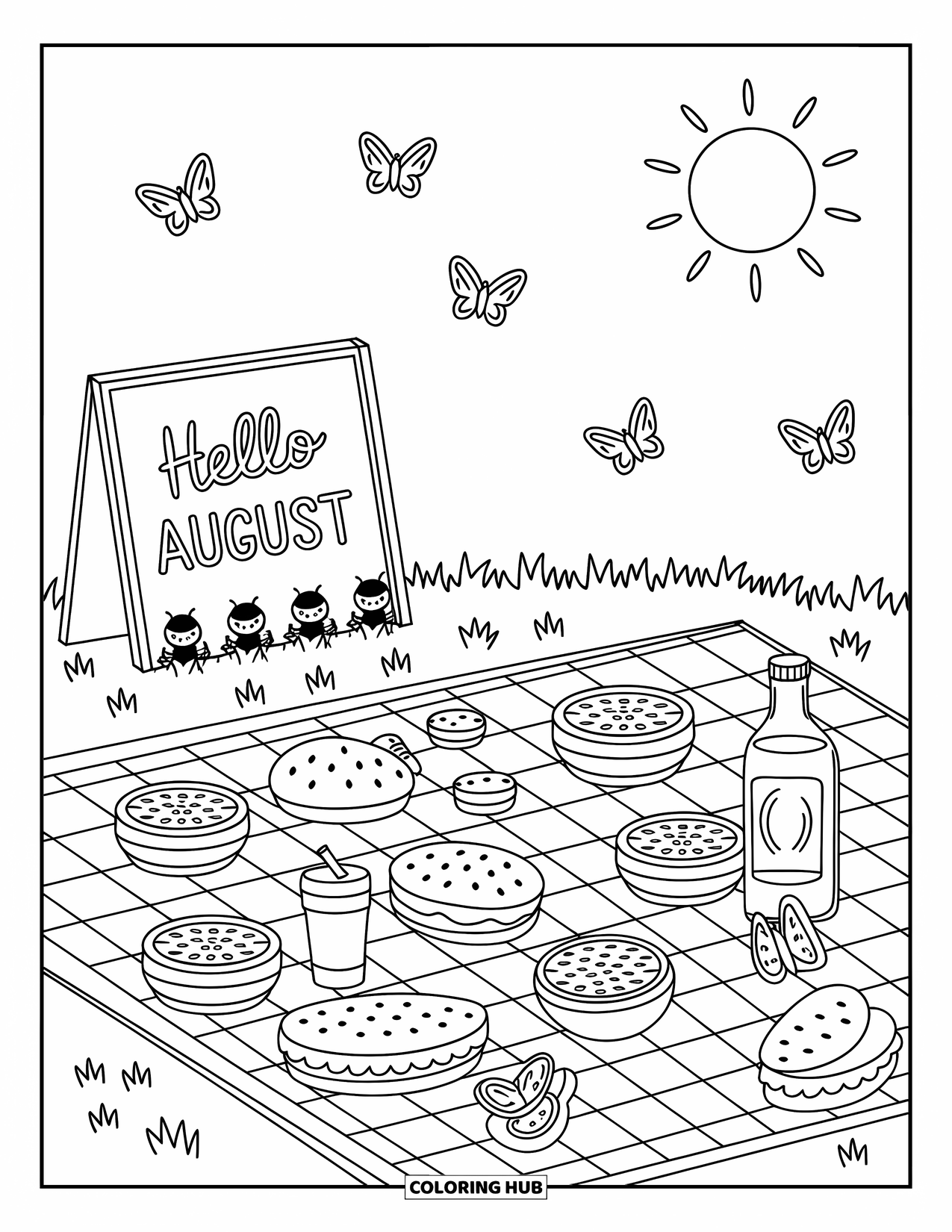 August Coloring Page for Adults: Butterflies flutter over a picnic blanket and "Hello August" sign