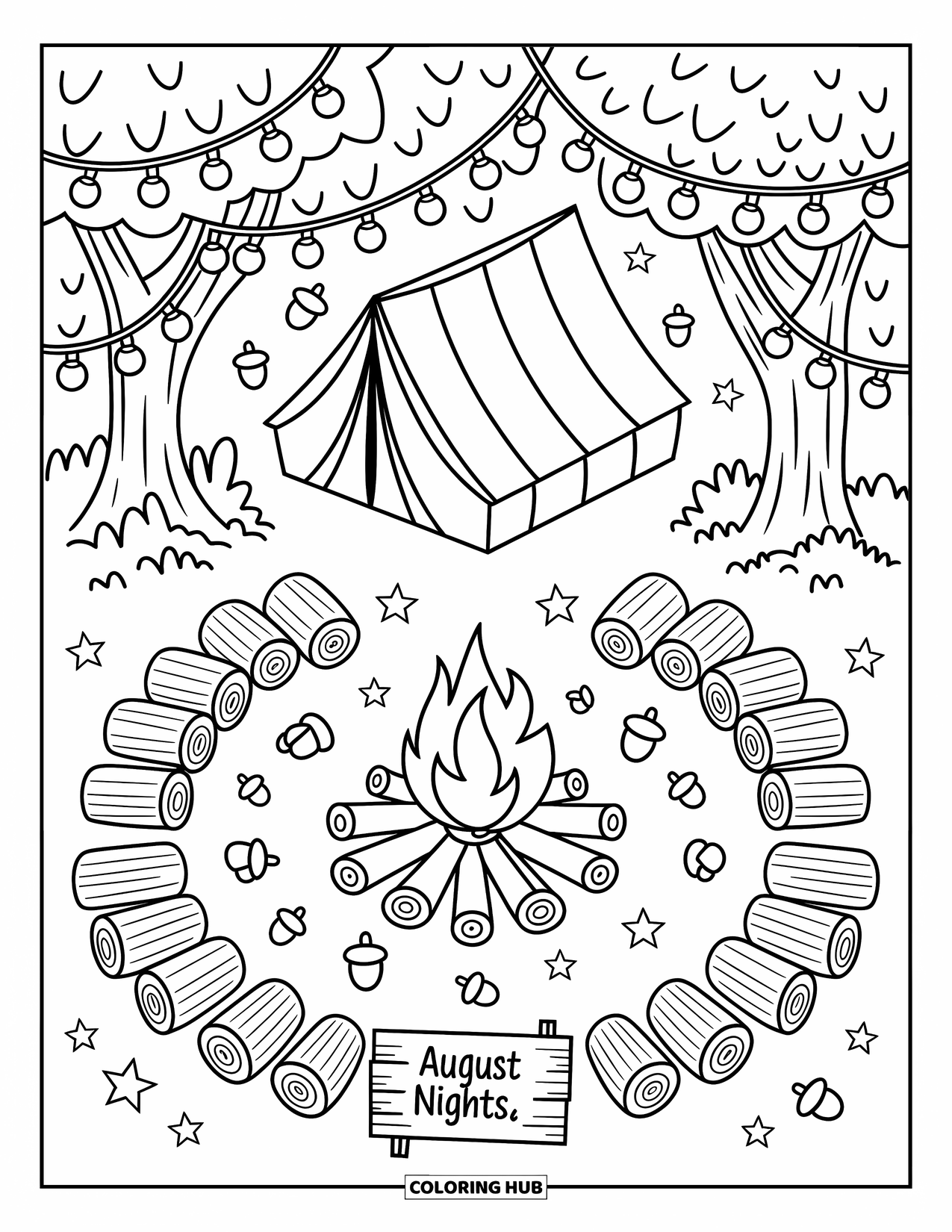 August Coloring Page for Adults: Camping scene with acorns and stars around a warm "August Nights" sign