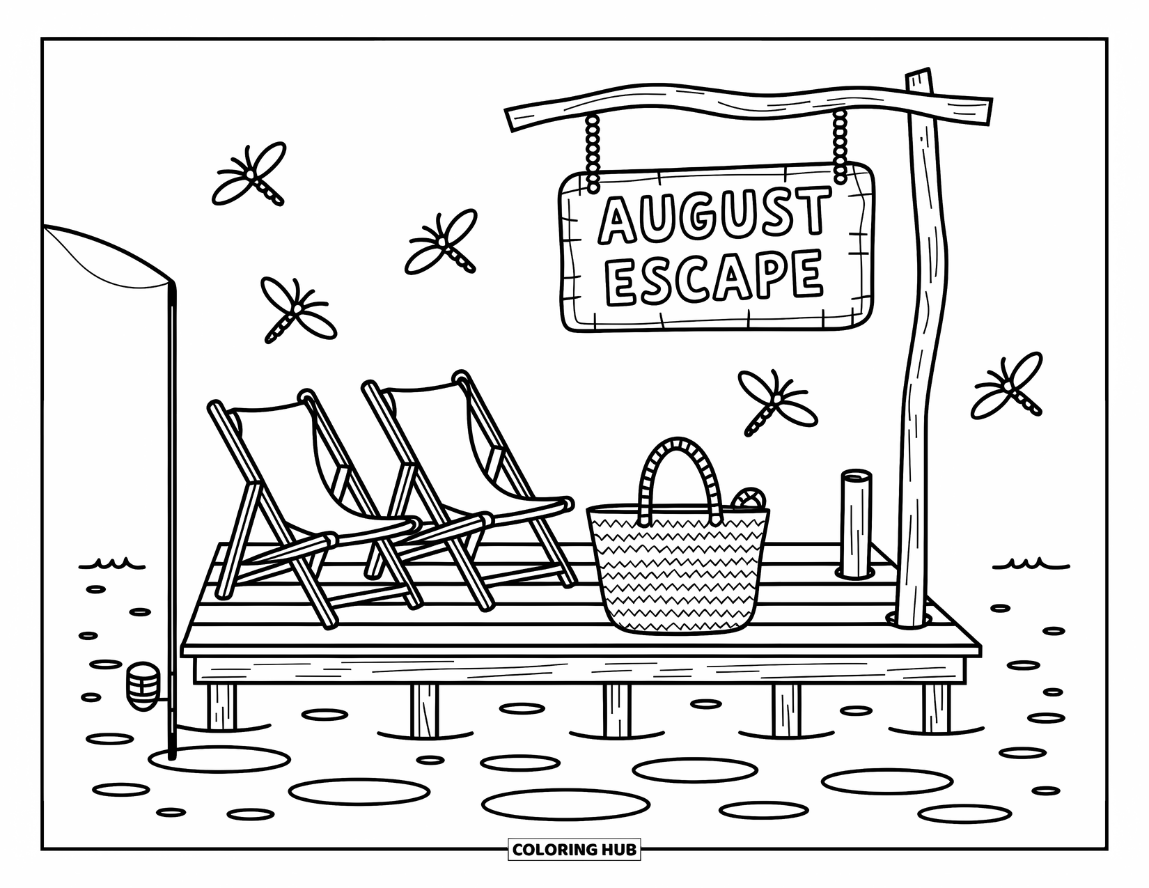 August Coloring Page for Adults: Cozy dock scene with dragonflies and an "August Escape" sign