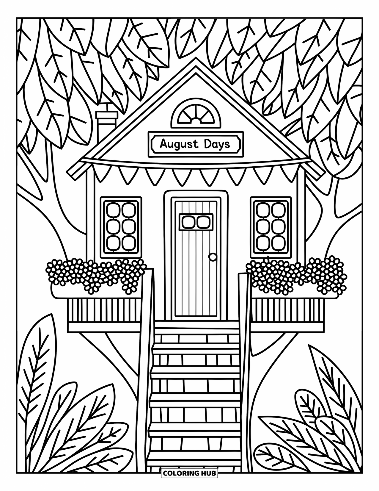 August Coloring Page for Adults: Cozy treehouse with a ladder and a playful "August Days" nameplate