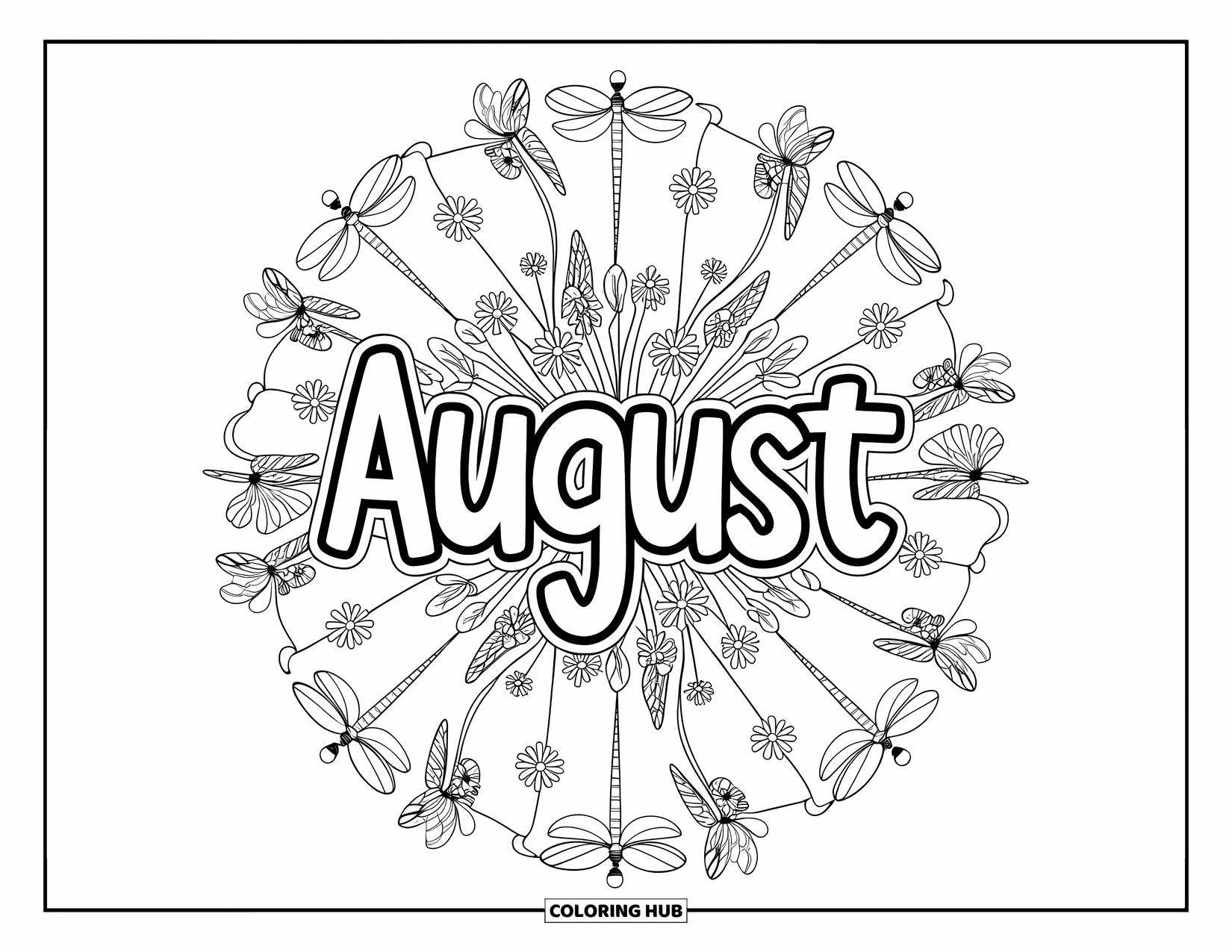August Coloring Page for Adults: Dragonflies and wildflowers form a mandala around the word "August"