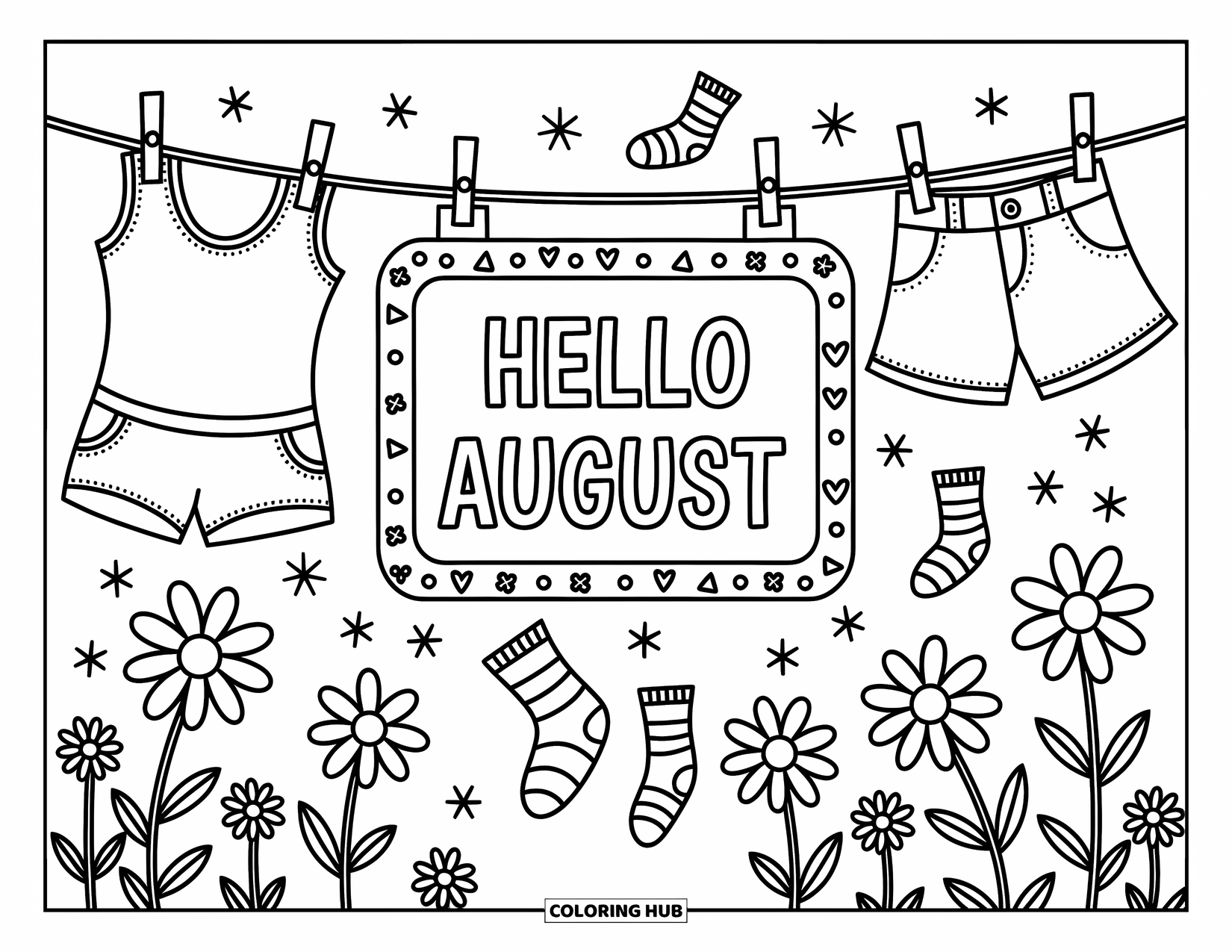 August Coloring Page for Adults: Fluttering laundry and daisies frame a cheerful "Hello August" sign