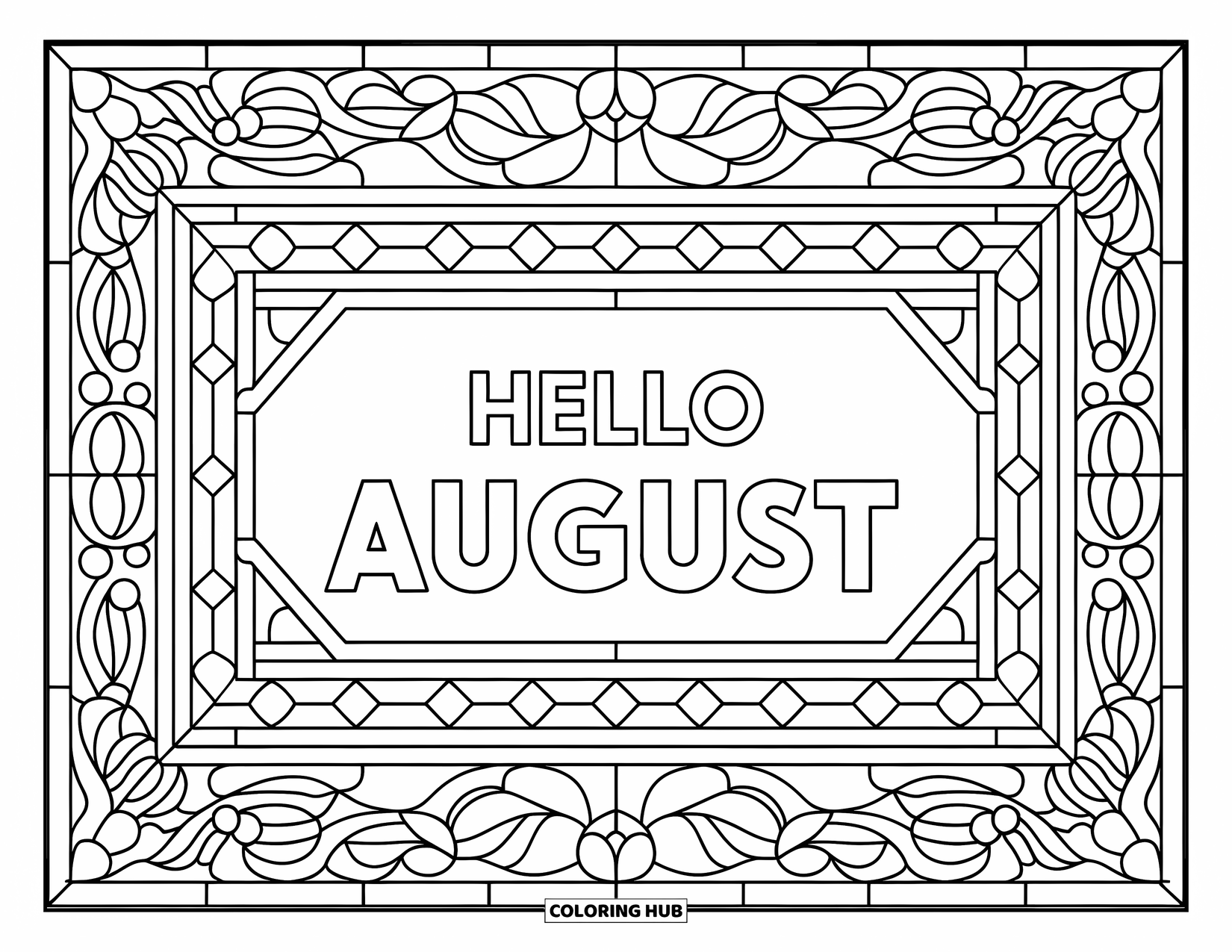 August Coloring Page for Adults: Geometric floral frame wraps around a cheerful "Hello August"