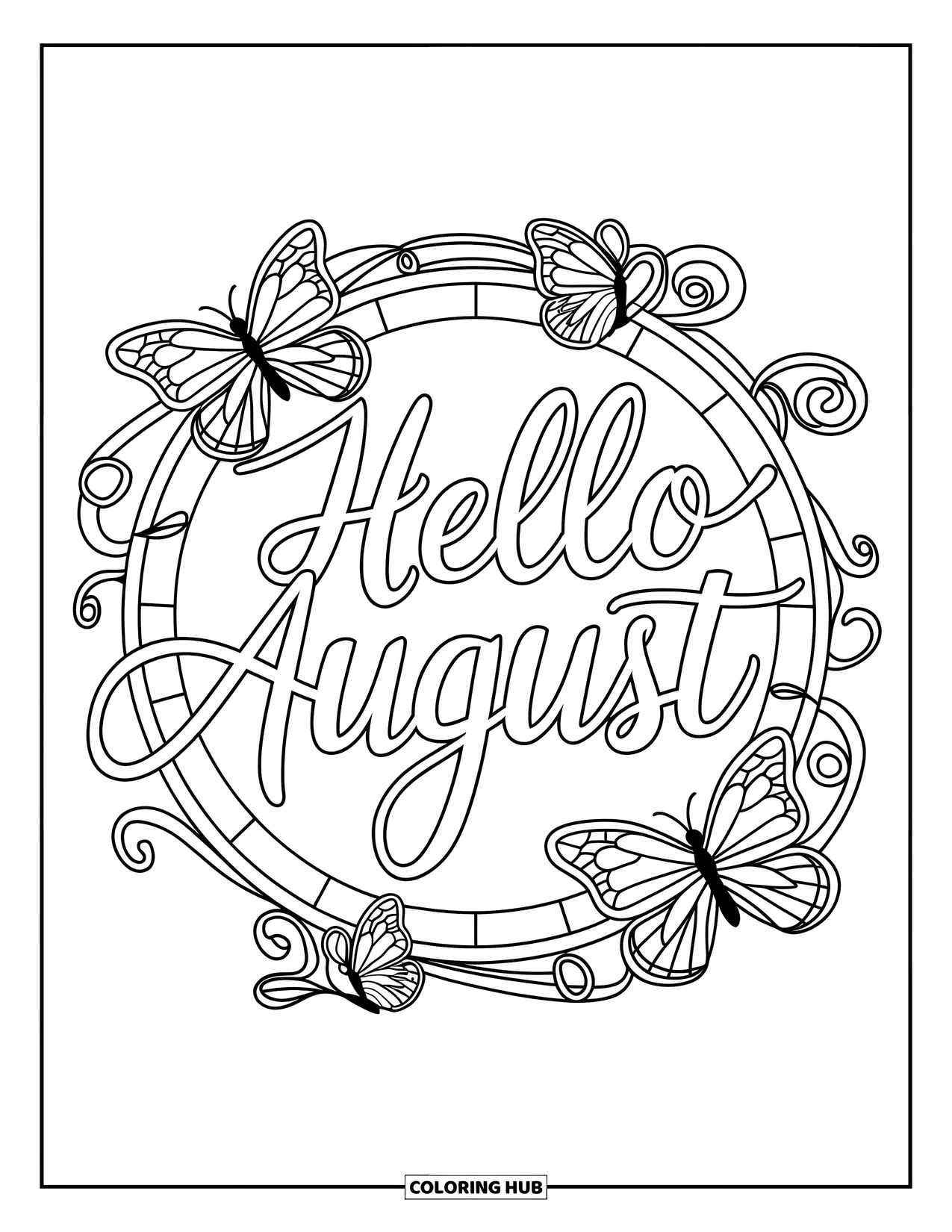 August Coloring Page for Adults: "Hello August" rests inside a stained glass butterfly-and-vine frame