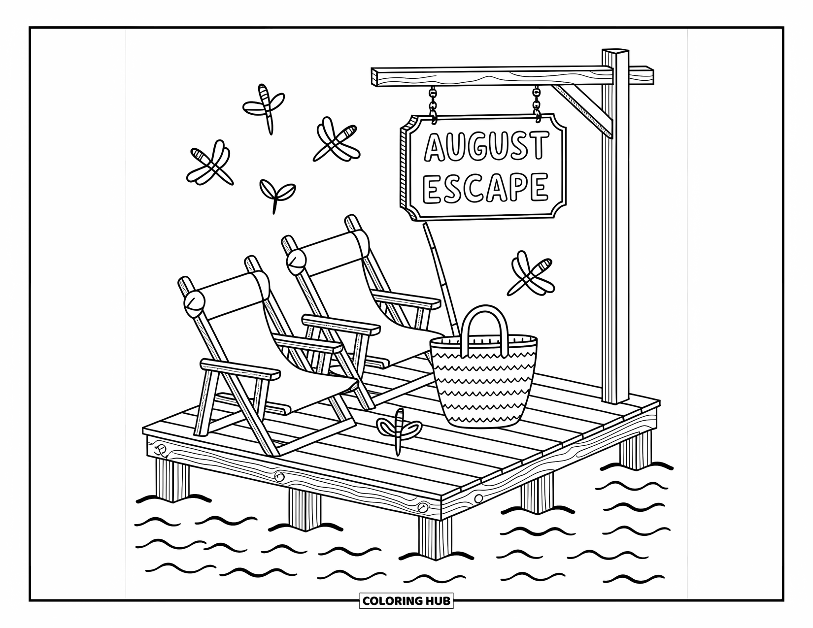August Coloring Page for Adults: Lake dock with chairs, fishing pole, and an "August Escape" sign