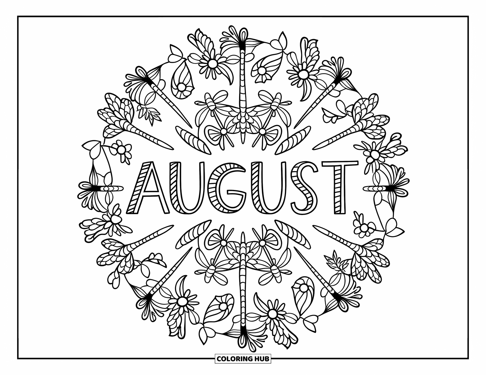 August Coloring Page for Adults: Radial mandala of dragonflies and flowers surrounds "August"