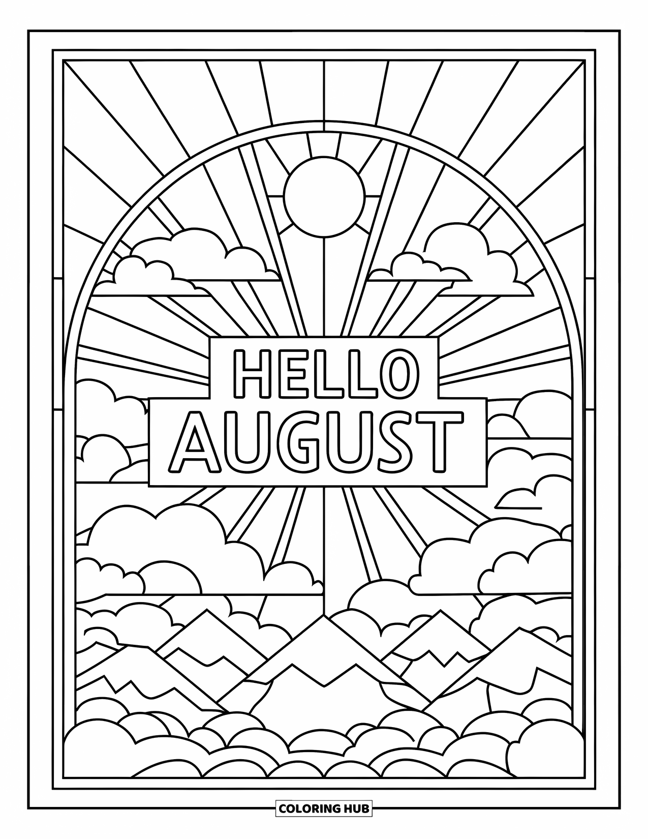 August Coloring Page for Adults: Stained glass sunbeams, clouds, and peaks highlight "Hello August"