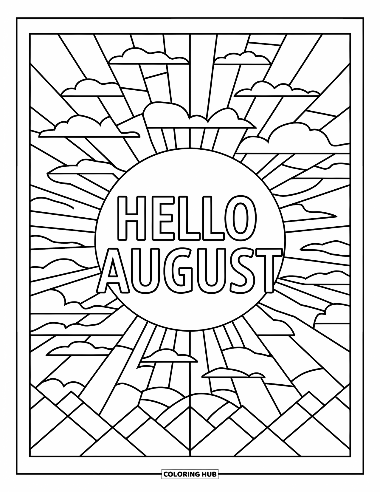 August Coloring Page for Adults: Sun, clouds, and mountains surround "Hello August" in stained glass style