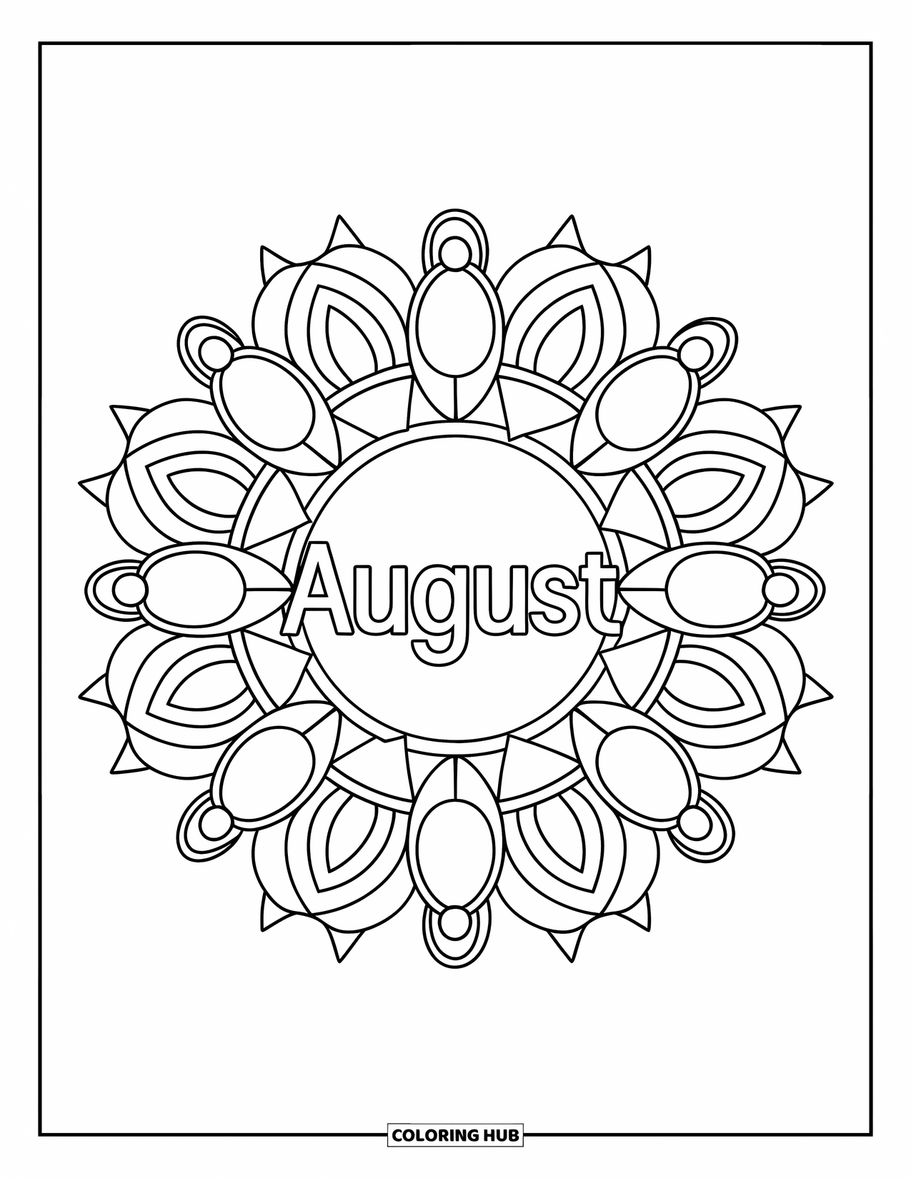 August Coloring Page for Adults: Sunflower-inspired mandala with "August" in the middle