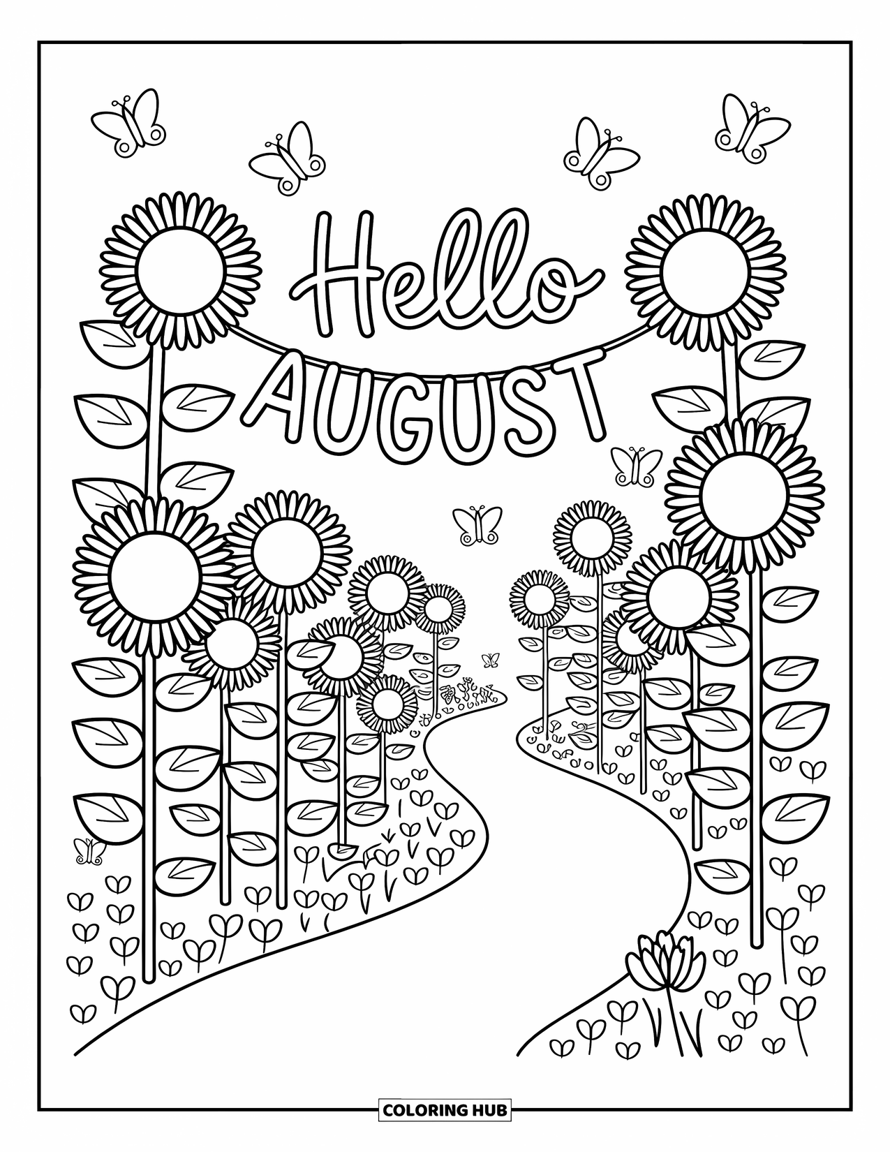 August Coloring Page for Adults: Sunflowers lean along a path with a banner that says "Hello August"