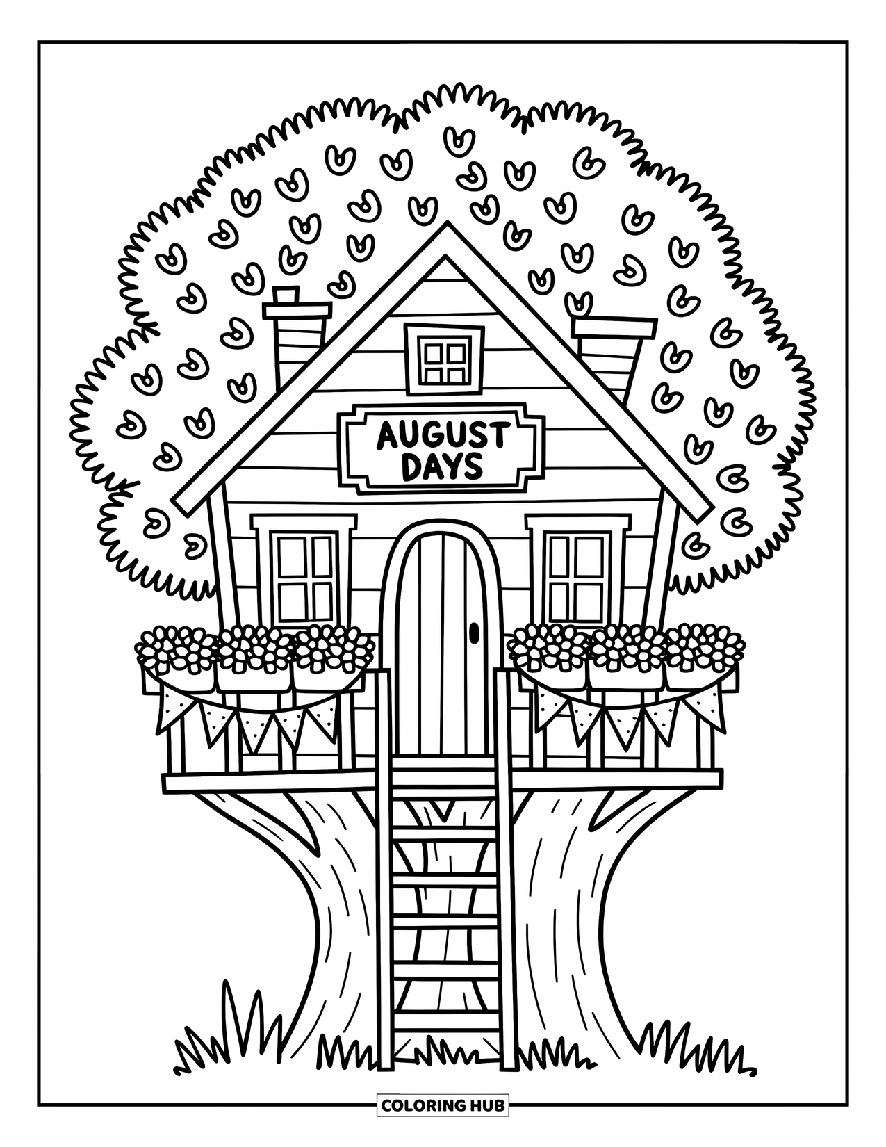 August Coloring Page for Adults: Treehouse balcony with flags, flowers, and a sign that says "August Days"