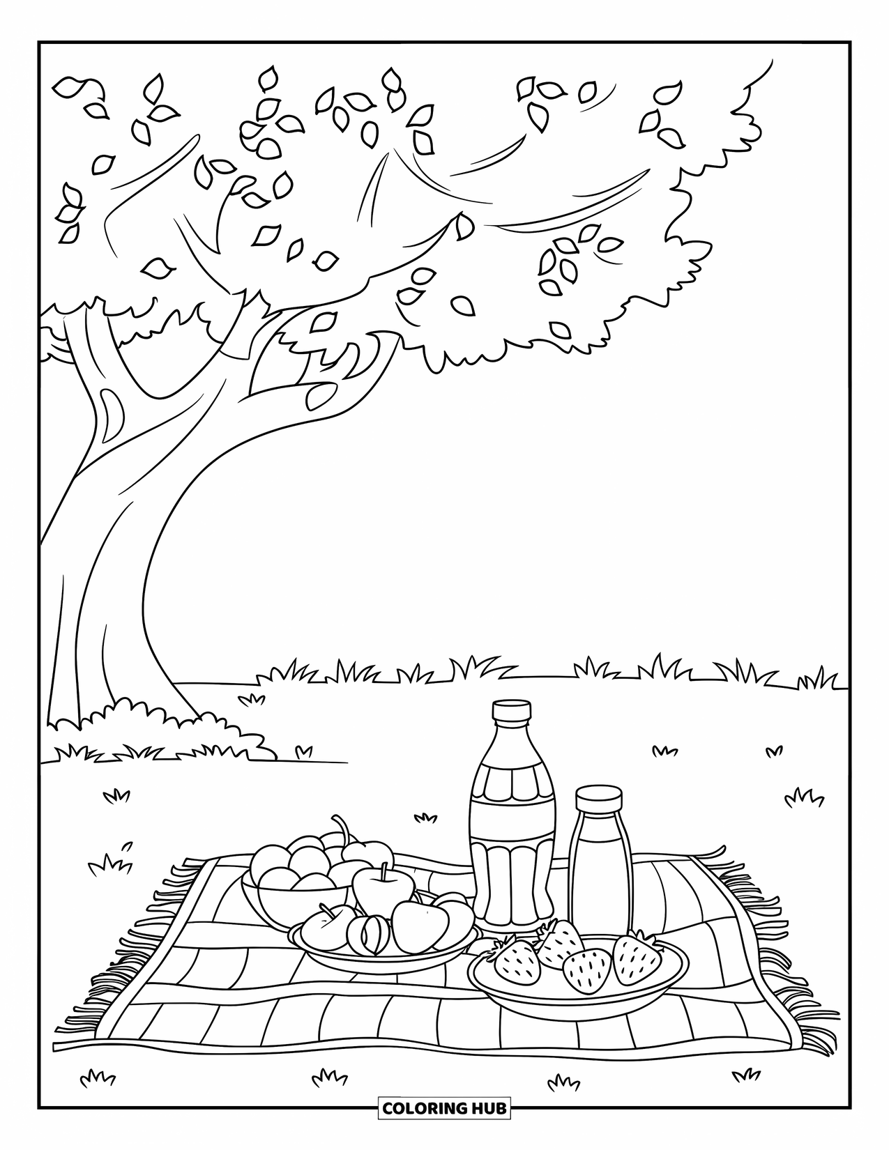 August Coloring Page for Kids: Apples, oranges, and drinks on a picnic blanket under a tree