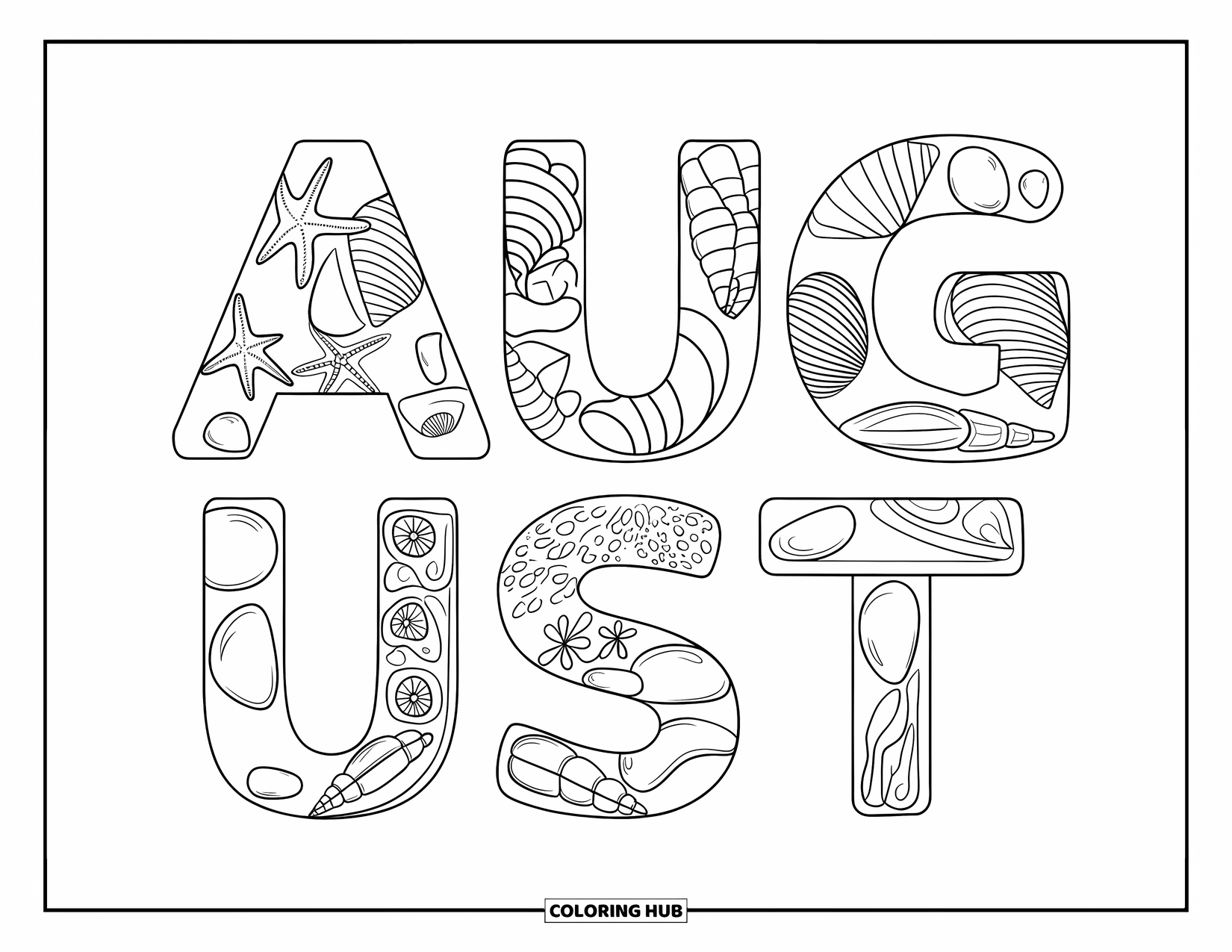 August Coloring Page for Kids: August in bold letters filled with seashells and starfish