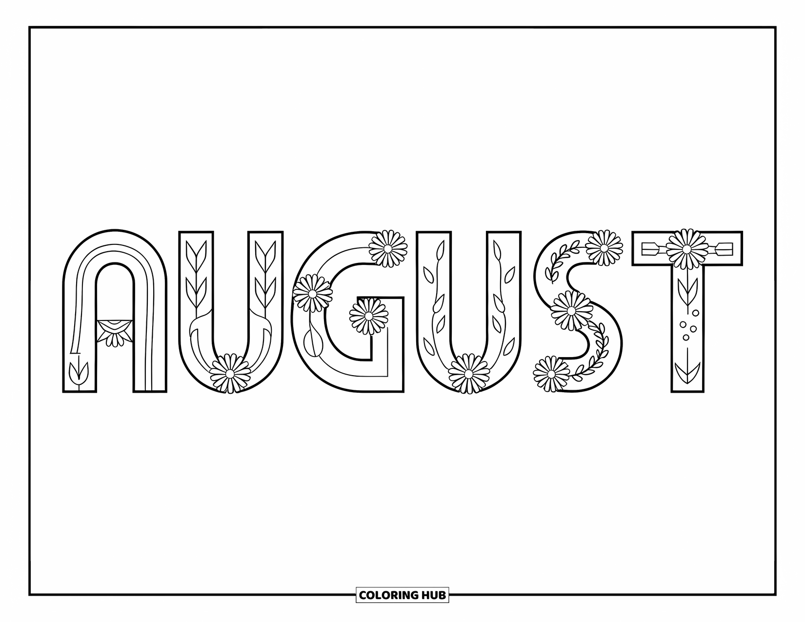 August Coloring Page for Kids: August letters decorated with sunflower petals and leaves