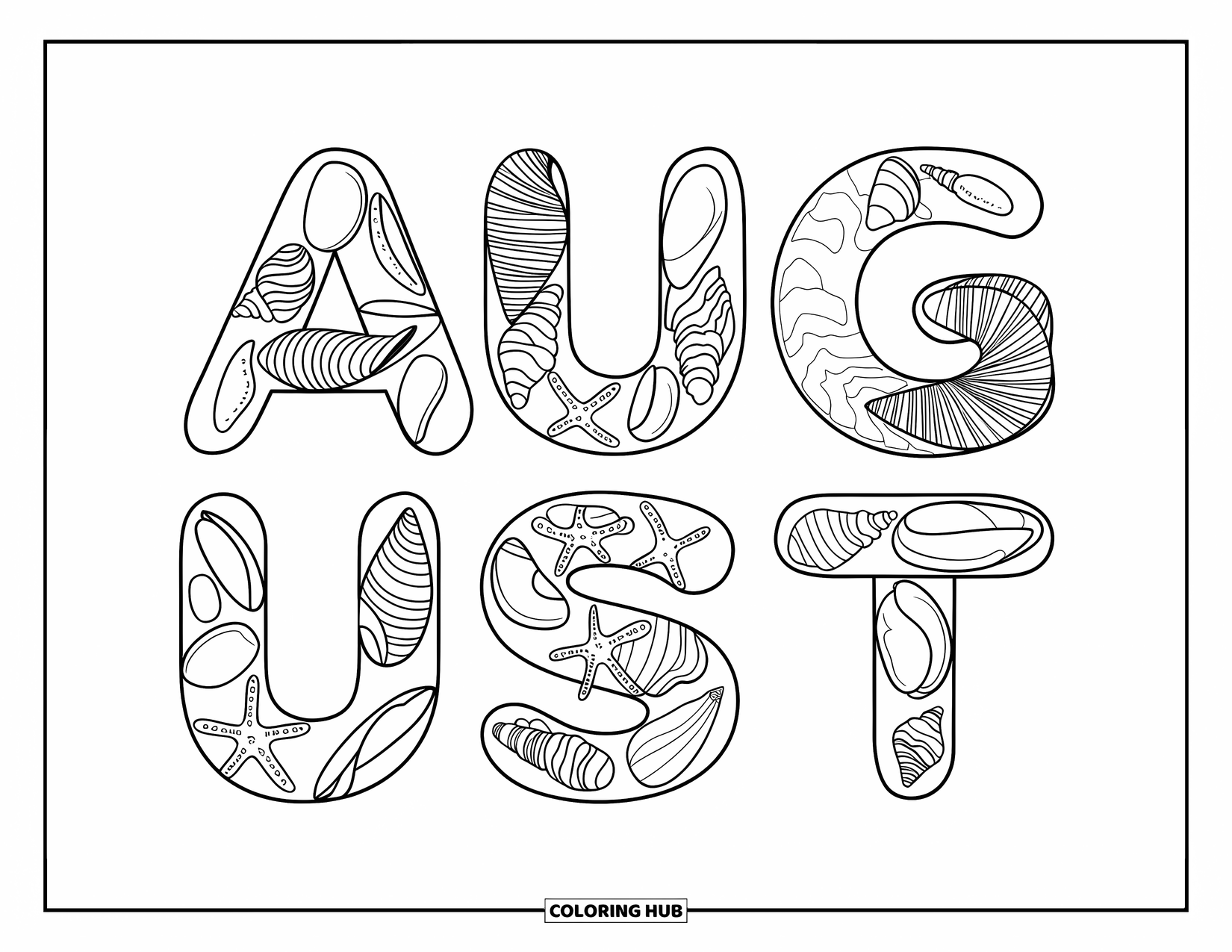 August Coloring Page for Kids: August letters filled with seashells, starfish, and smooth stones