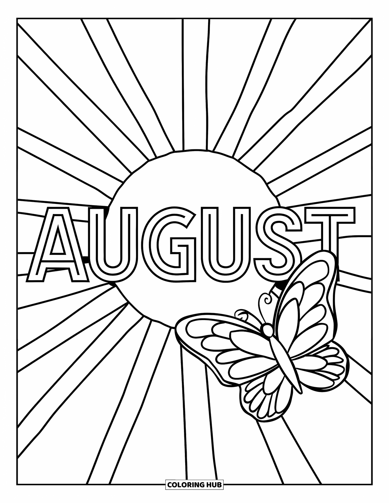August Coloring Page for Kids: August word with long sun rays and a smiling butterfly