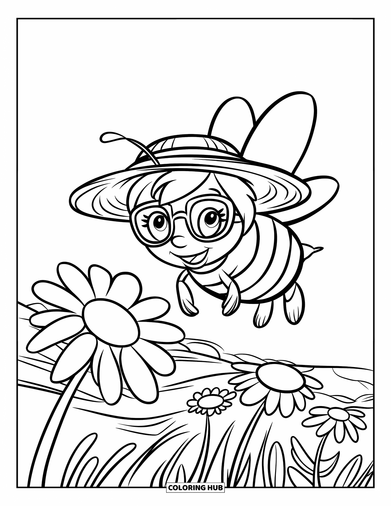 August Coloring Page for Kids: Bee with sunglasses flying over big cheerful flowers