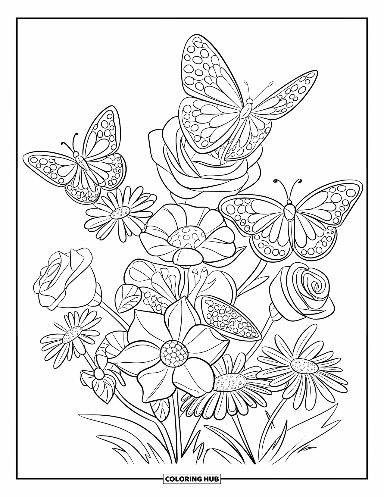 August Coloring Page for Kids: Butterflies and mixed flowers in a calm garden scene
