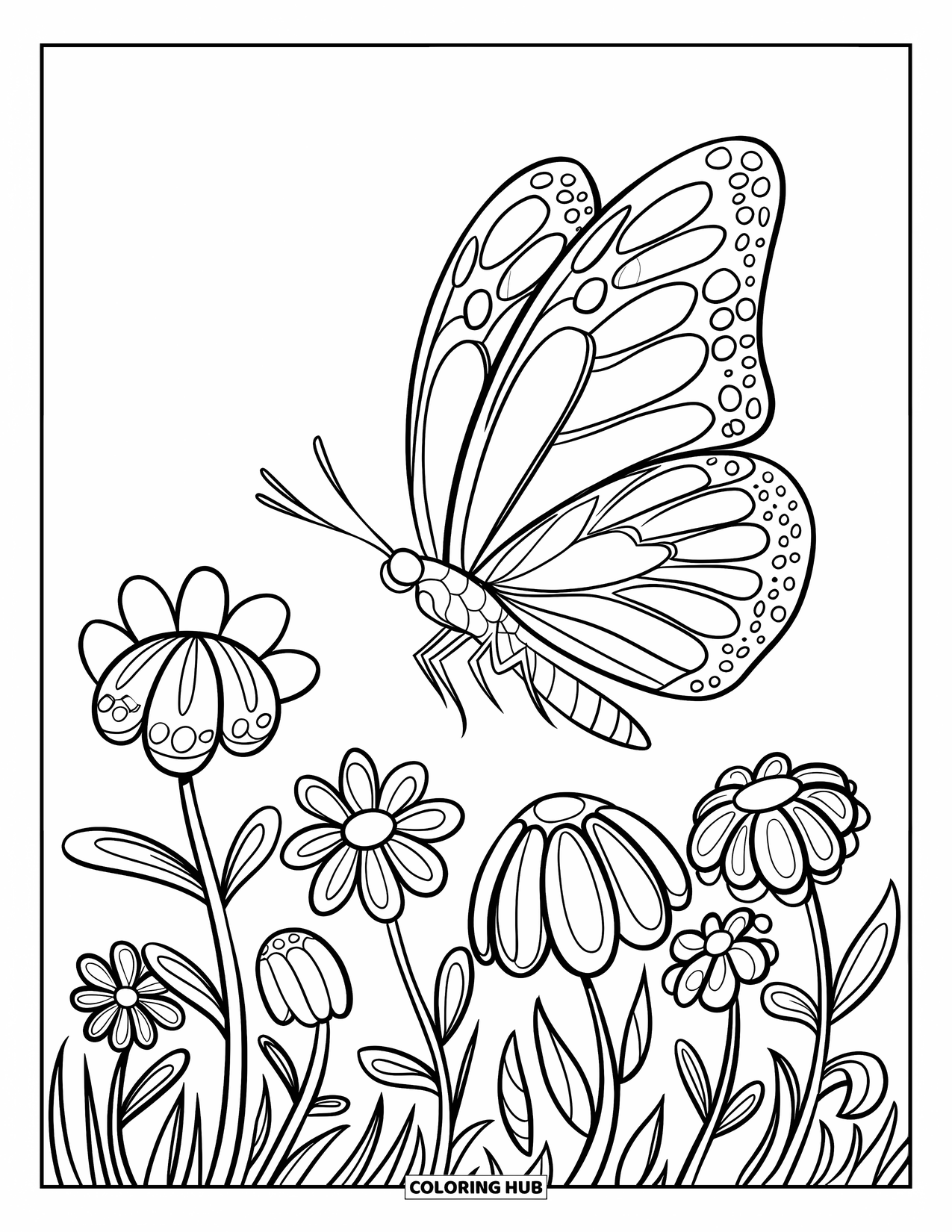 August Coloring Page for Kids: Butterfly with bold wings and detailed wildflowers below