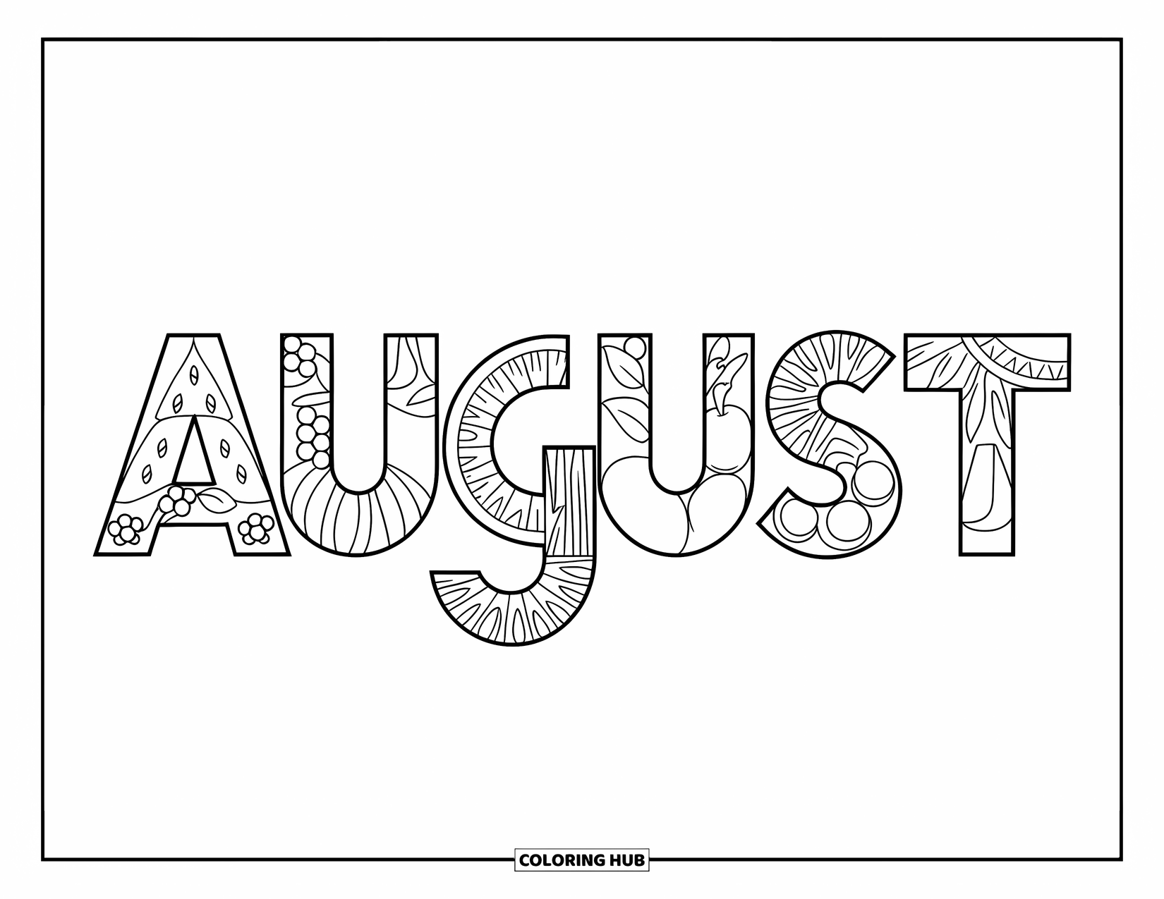 August Coloring Page for Kids: Each August letter made from juicy summer fruits
