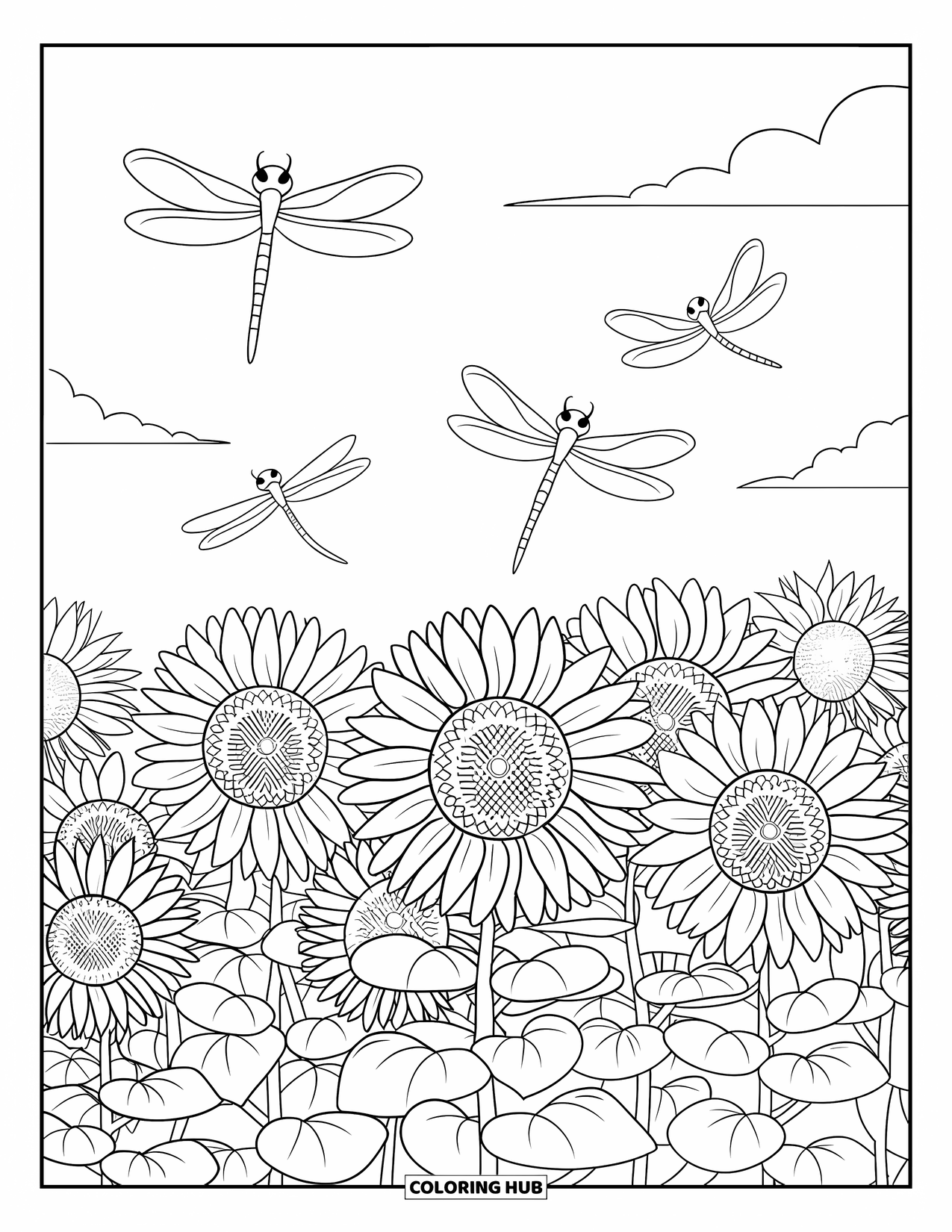 August Coloring Page for Kids: Field of sunflowers with dragonflies flying above