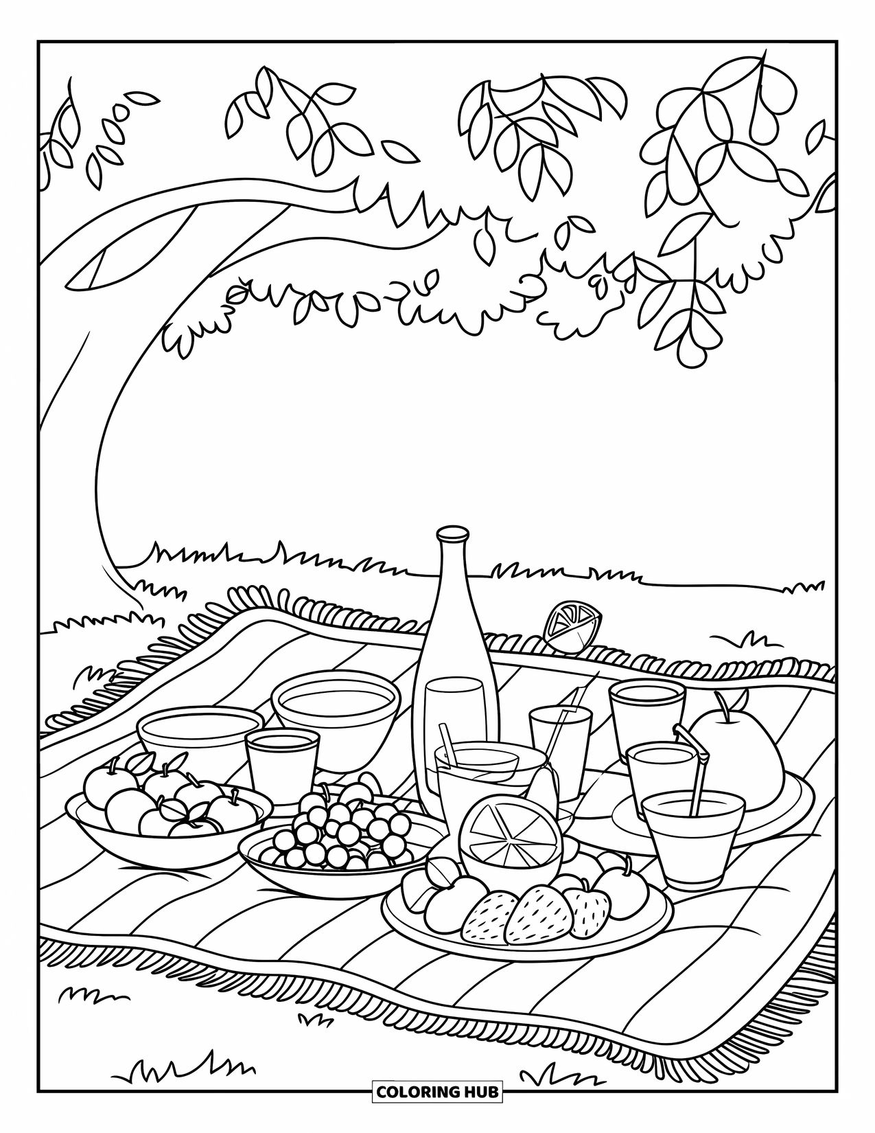 August Coloring Page for Kids: Fruits and drinks on a picnic under a leafy tree