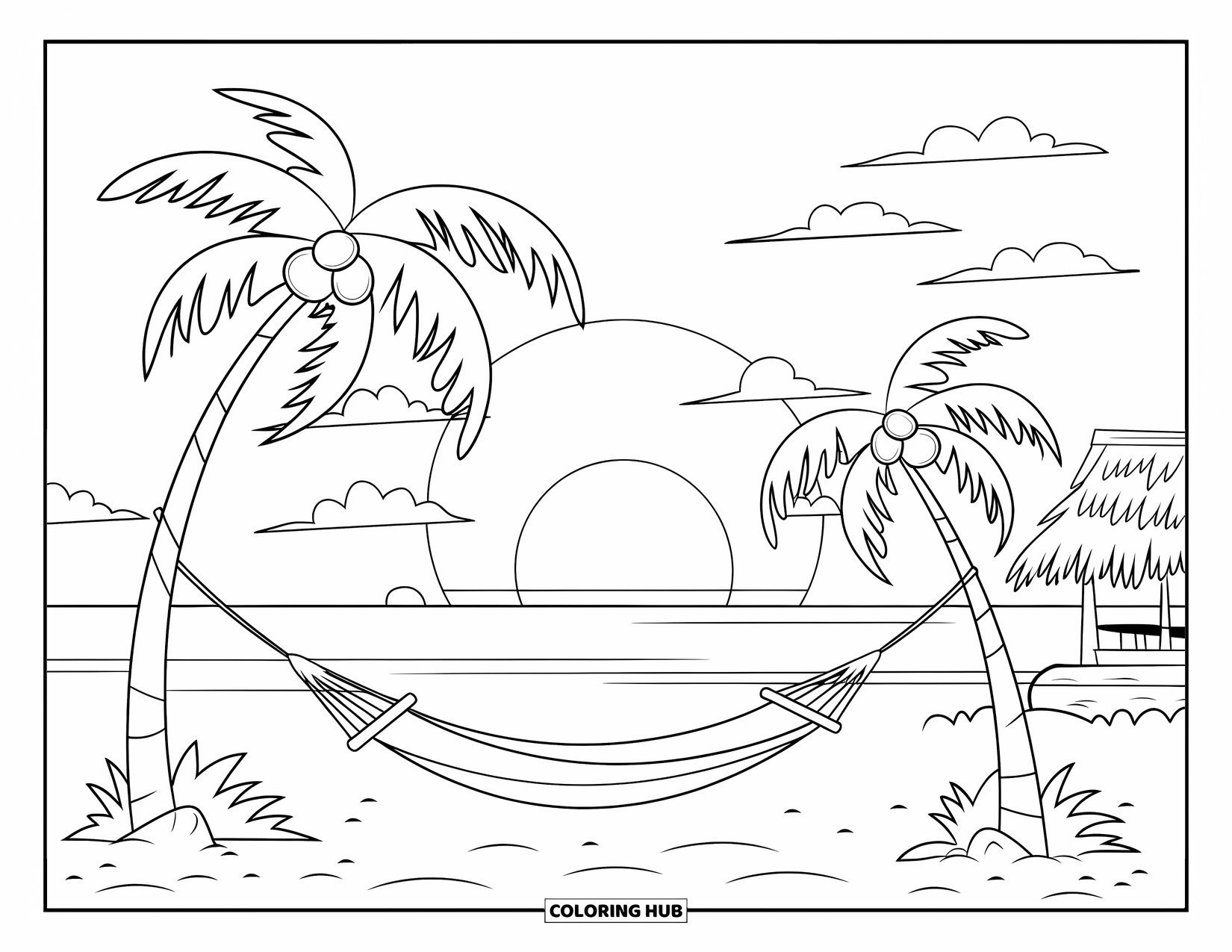 August Coloring Page for Kids: Hammock between palm trees in a peaceful beach sunset