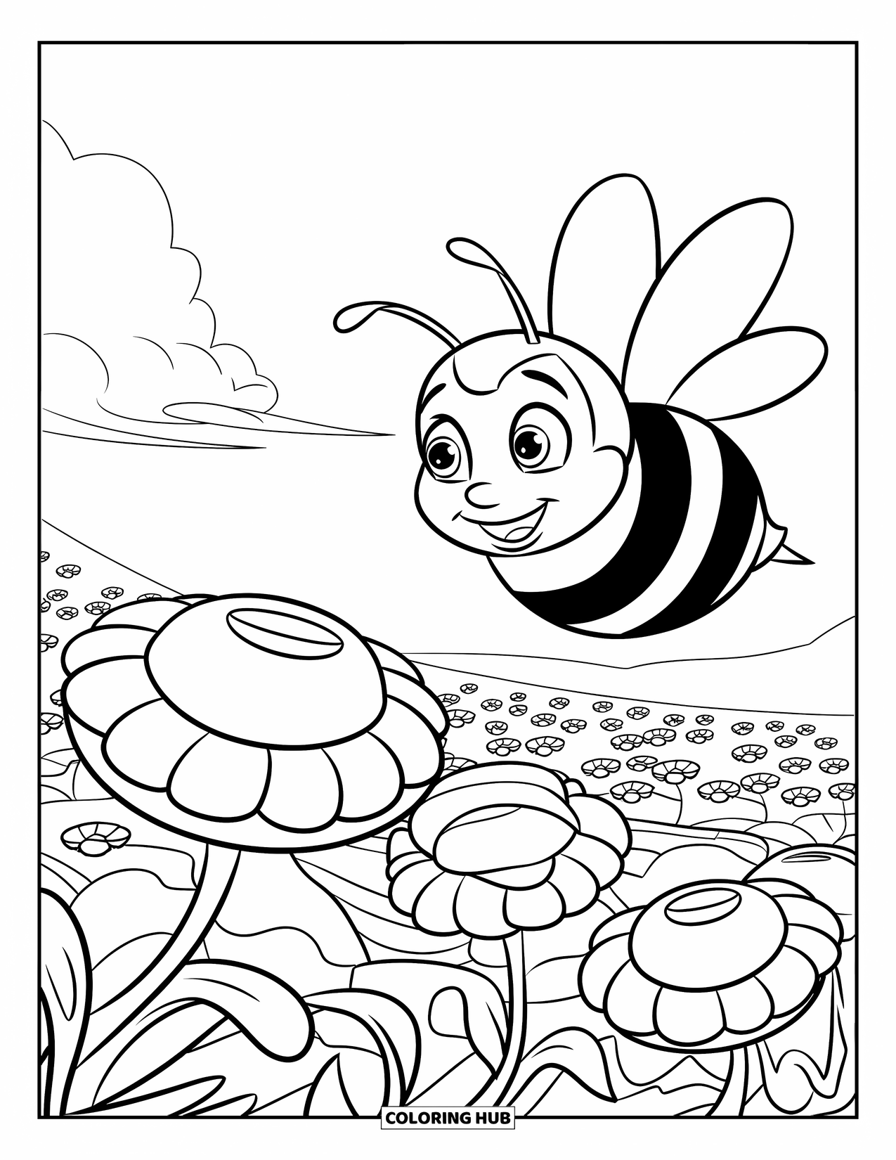 August Coloring Page for Kids: Happy bee flying across a sunny flower-filled field