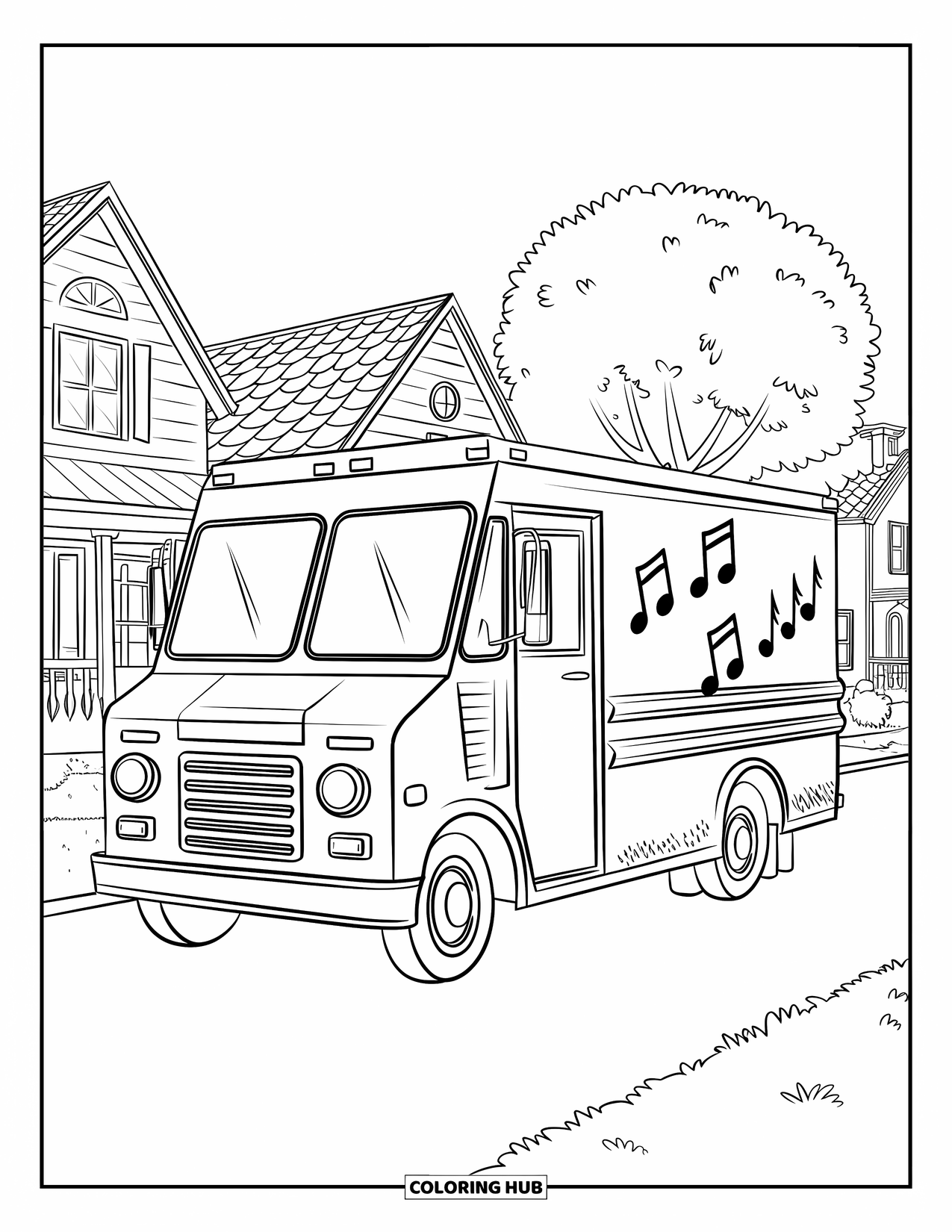 August Coloring Page for Kids: Ice cream truck parked on a cozy street with music notes