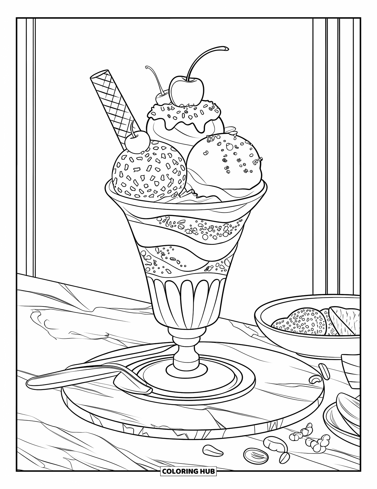 August Coloring Page for Kids: Layered sundae with cherry, sprinkles, and syrup drizzle